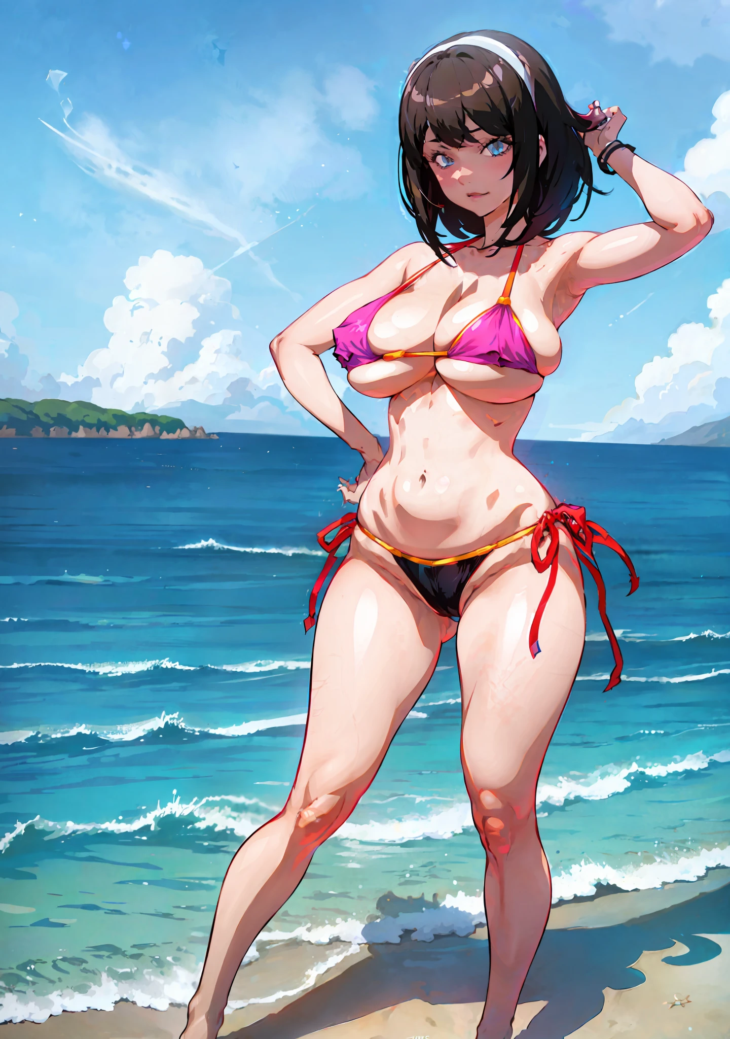 Mavis in a bikini, costume: Bikini, bikini, in a bikini, swimsuit, full body:: Sunny Weather::, Marin Kitagawa fanart,seductive anime girl, Joy Ride art style, cat eyes, fit body, gynoid body, perfect body, big breasts, Ilya Kuvshinov, Anime Moe Artstyle, On the beach, realistic bikini,