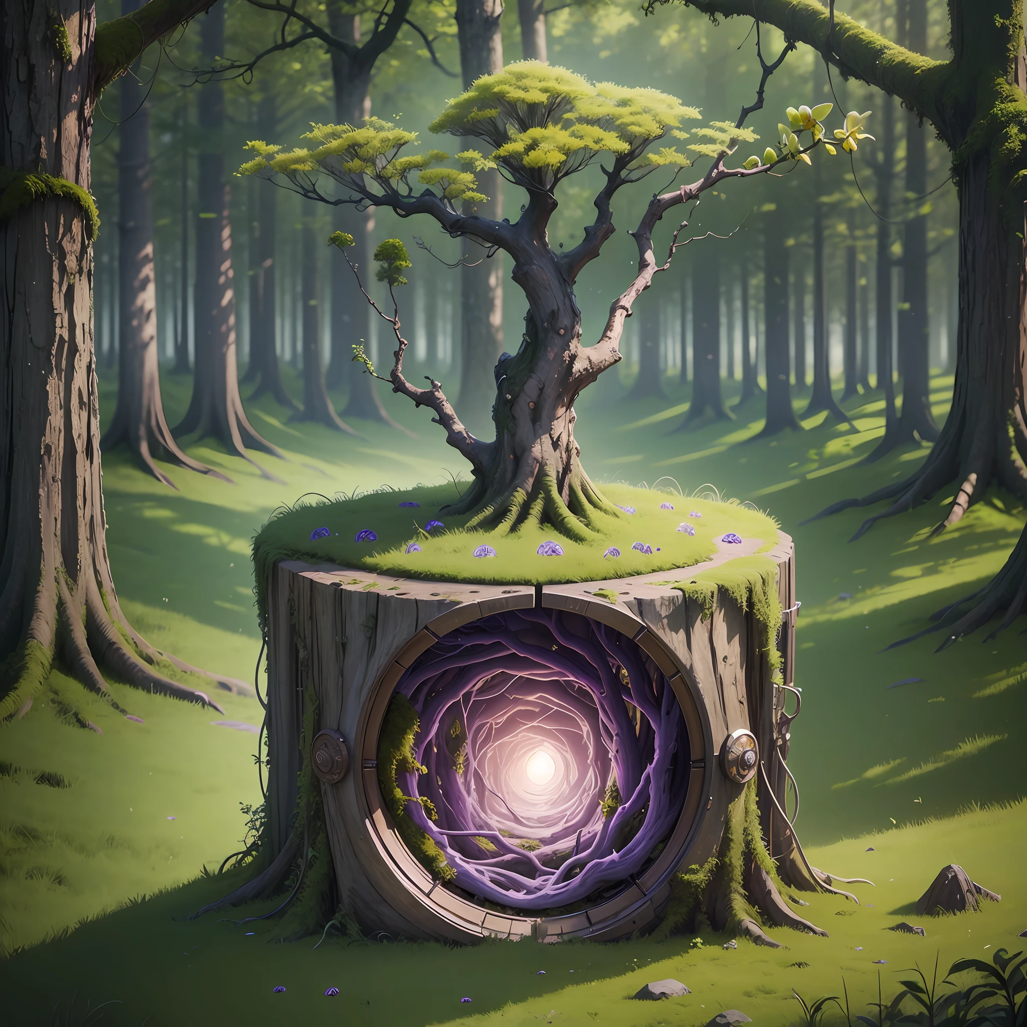 Computer Visualized Graphics, Realistic Fantasy, Extensive Landscape Ultrasound Photography (general view showing an orchid inside, roots, tree, moss), blurred background, gloomy, yellow, green, purple