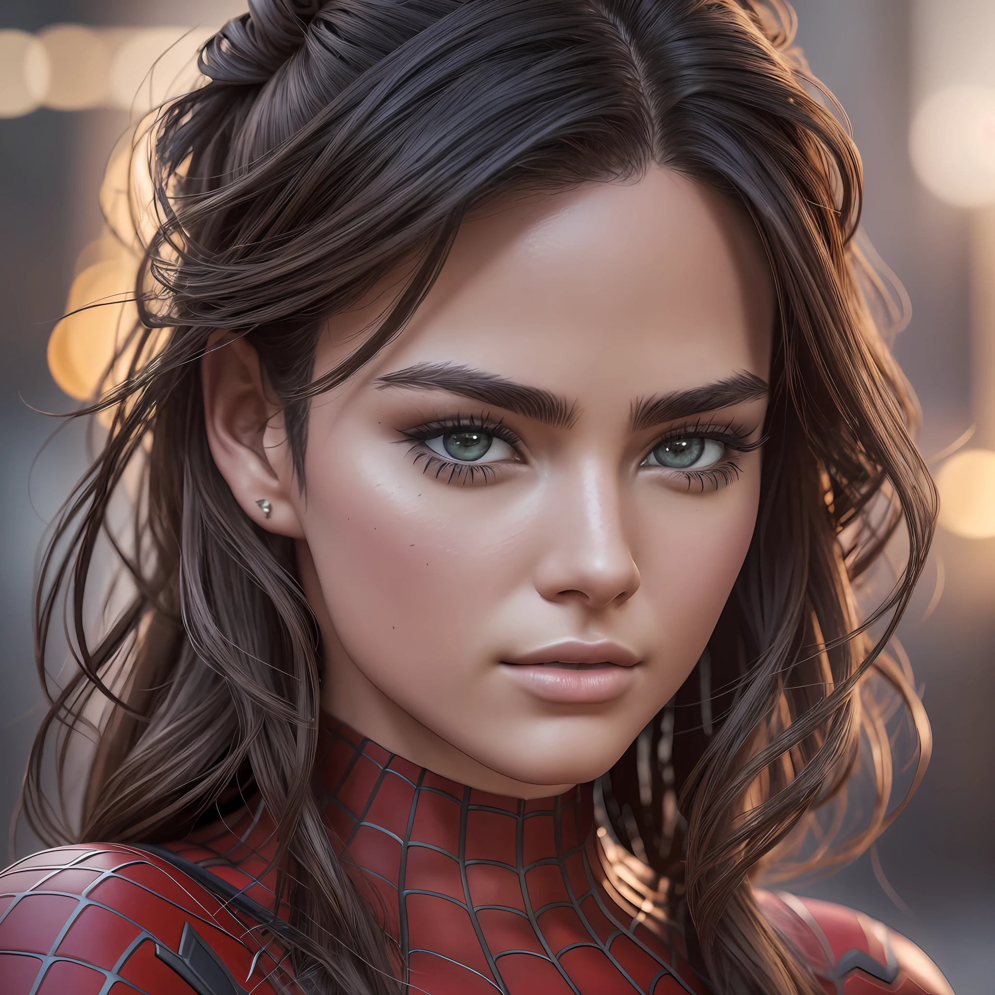 (RAW,, Nikon Z 14mm ultra wide angle lens, award-winning glamorous photography, ((best quality)), ((masterpiece)), ((realistic)), skin pores, subsurface scattering, radiant light rays, high-res, detailed facial features, high detail, sharp, smooth, aesthetic, extremely detailed focus, (extremely detailed eyes, extremely detailed iris), extremely detailed hair, extremely detailed skin, extremely detailed clothing, octane rendering, photorealistic,  realistic, post-processing, maximum detail, realistic shadows, roughness, natural skin texture, real life, ultrarealistic, photorealism, photography, 8k UHD, photography, hdr, intricate, elegant, highly detailed, sharp focus, impressive, gorgeous, gorgeous), Beautiful and realistic 18-year-old girl like Marvel Spider-Man, makeup, visible full body, brown hair, realistic skin, photorealistic, athletic body, realistic, cinematic photo, (8k CG unit wallpaper extremely detailed), trend in ArtStation, trend in CGSociety, High details, Sharp focus, dramatic, beautiful background, full shoot, high quality, (beautiful face), (detailed face), detailed hands, beautiful hands, ???? red dress,???? pose --auto --s2