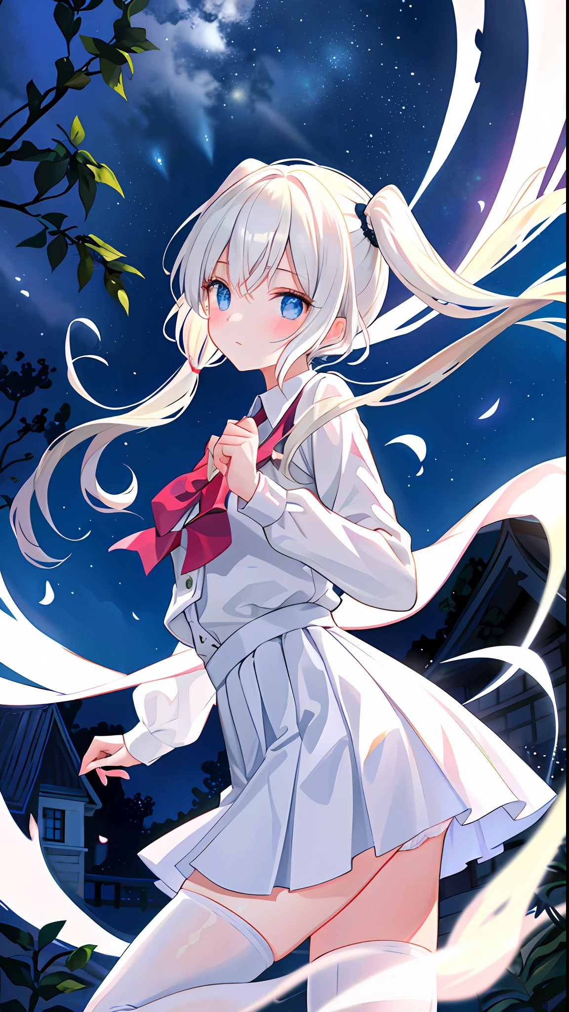 beautiful illustration, best quality, pretty girl, outdoor, night, ghost, scary, sprint, (tears:0.8), short twin tails, panty shot, white pants, thighs, straddle, over, jump