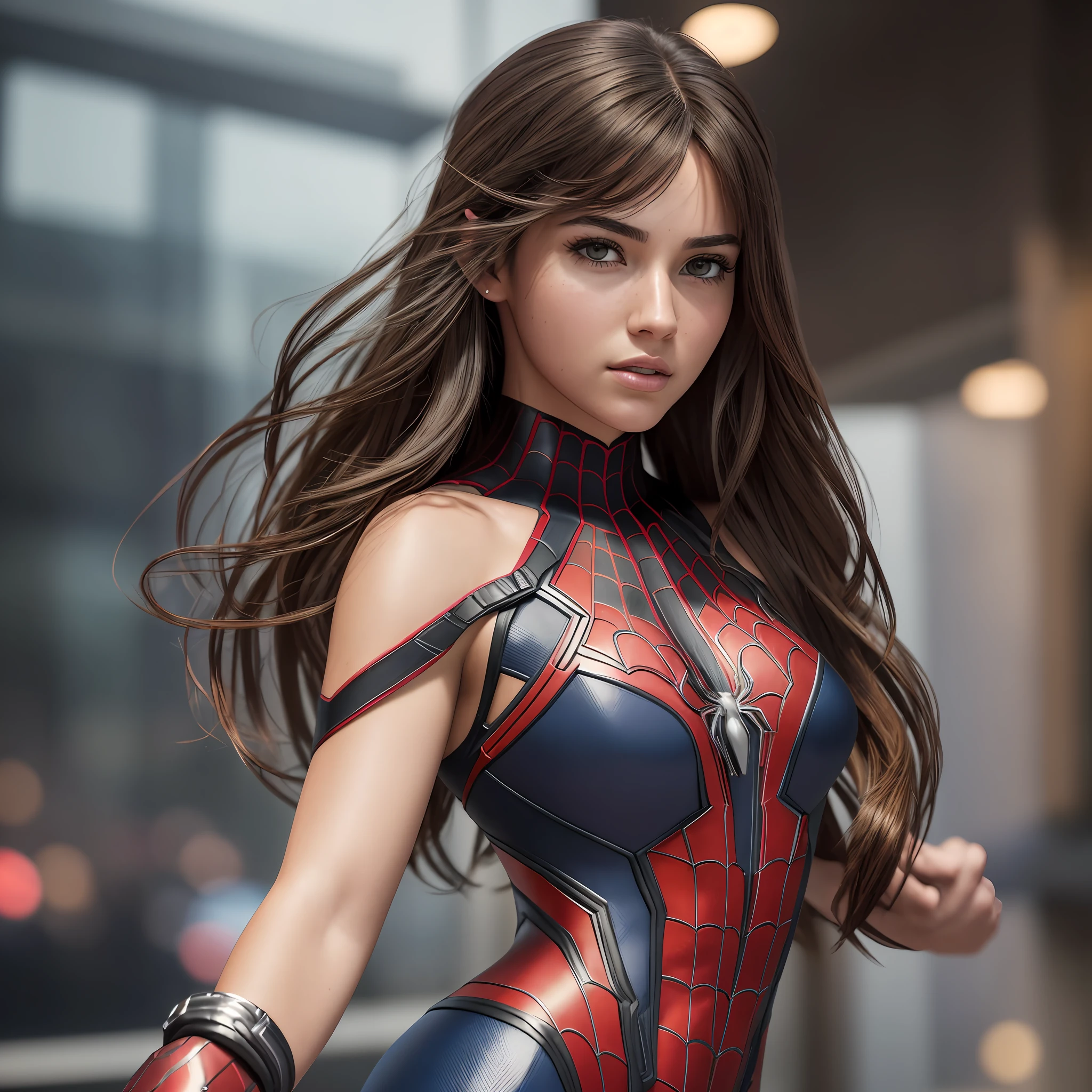 (RAW,, Nikon Z 14mm ultra wide angle lens, award-winning glamorous photography, ((best quality)), ((masterpiece)), ((realistic)), skin pores, subsurface scattering, radiant light rays, high-res, detailed facial features, high detail, sharp, smooth, aesthetic, extremely detailed focus, (extremely detailed eyes, extremely detailed iris), extremely detailed hair, extremely detailed skin, extremely detailed clothing, octane rendering, photorealistic, realistic, post-processing, maximum detail, realistic shadows, roughness, natural skin texture, real life, ultrarealistic, photorealism, photography, 8k UHD, photography, hdr, intricate, elegant, highly detailed, sharp focus, impressive, gorgeous, gorgeous), Beautiful and realistic 18-year-old girl like Marvel Spider-Man, makeup, visible full body, brown hair, realistic skin, photorealistic, athletic body, realistic, cinematic photo, (8k CG unit wallpaper extremely detailed), trend in ArtStation, trend in CGSociety, High details, Sharp focus, dramatic, beautiful background, full shoot, high quality, (beautiful face), (detailed face), detailed hands, beautiful hands, sexy red dress,sexy pose --auto --s2