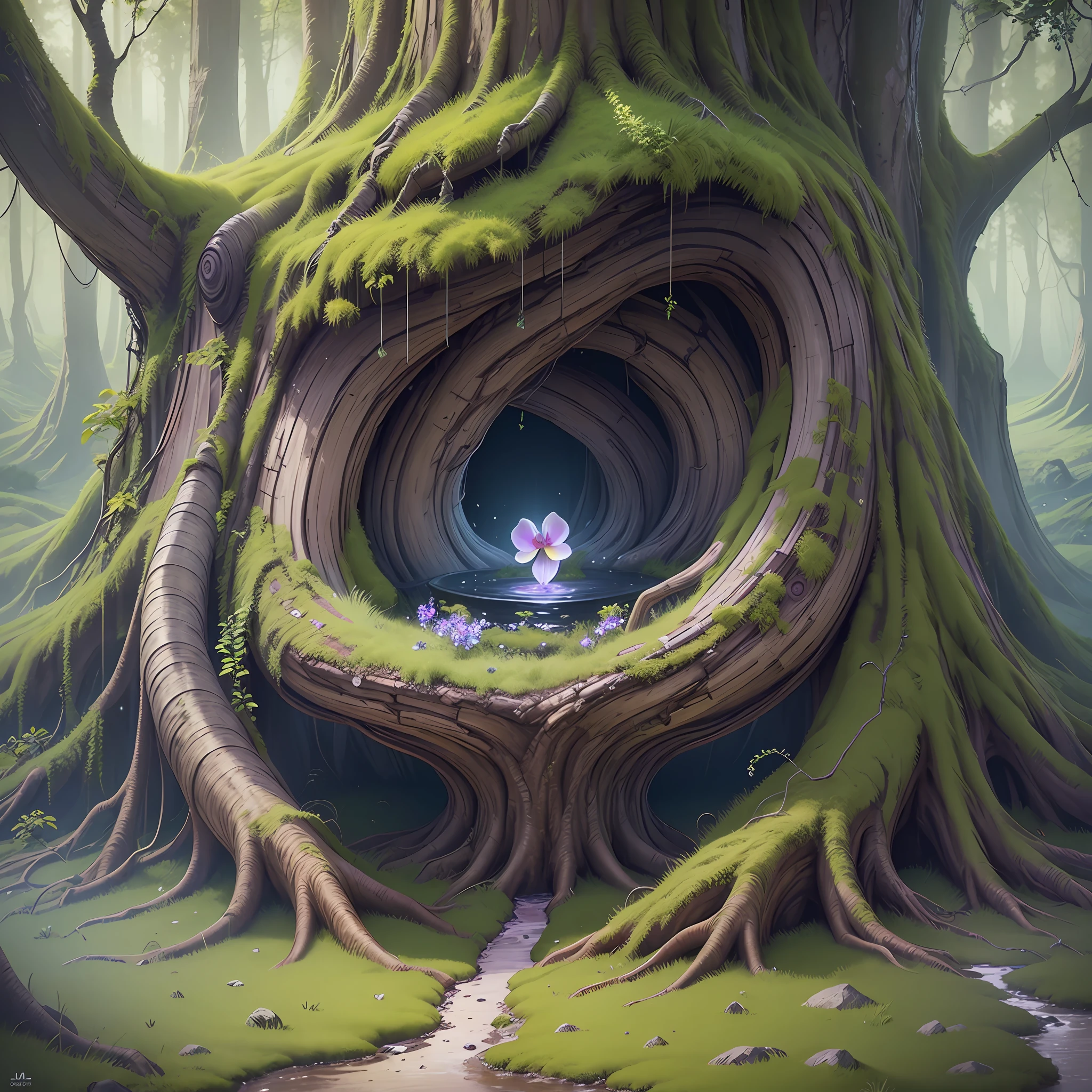 Computer Visualized Graphics, Realistic Fantasy, Extensive Landscape Ultrasound Photography (general view showing an orchid inside, roots, tree, moss), blurred background, gloomy, yellow, green, purple