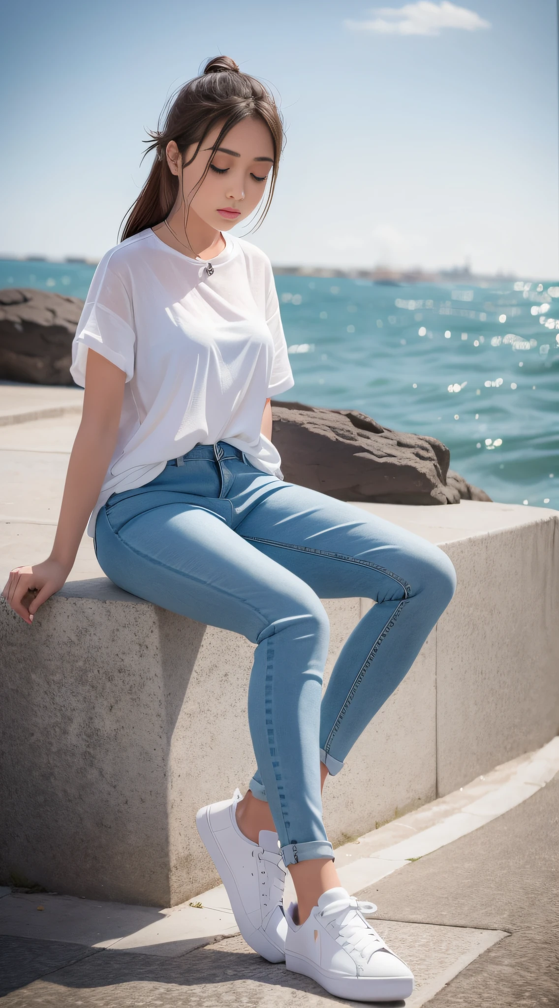 A girl in a soaked white shirt, blue skinny denim trousers, sneakers sitting by the sea (front)