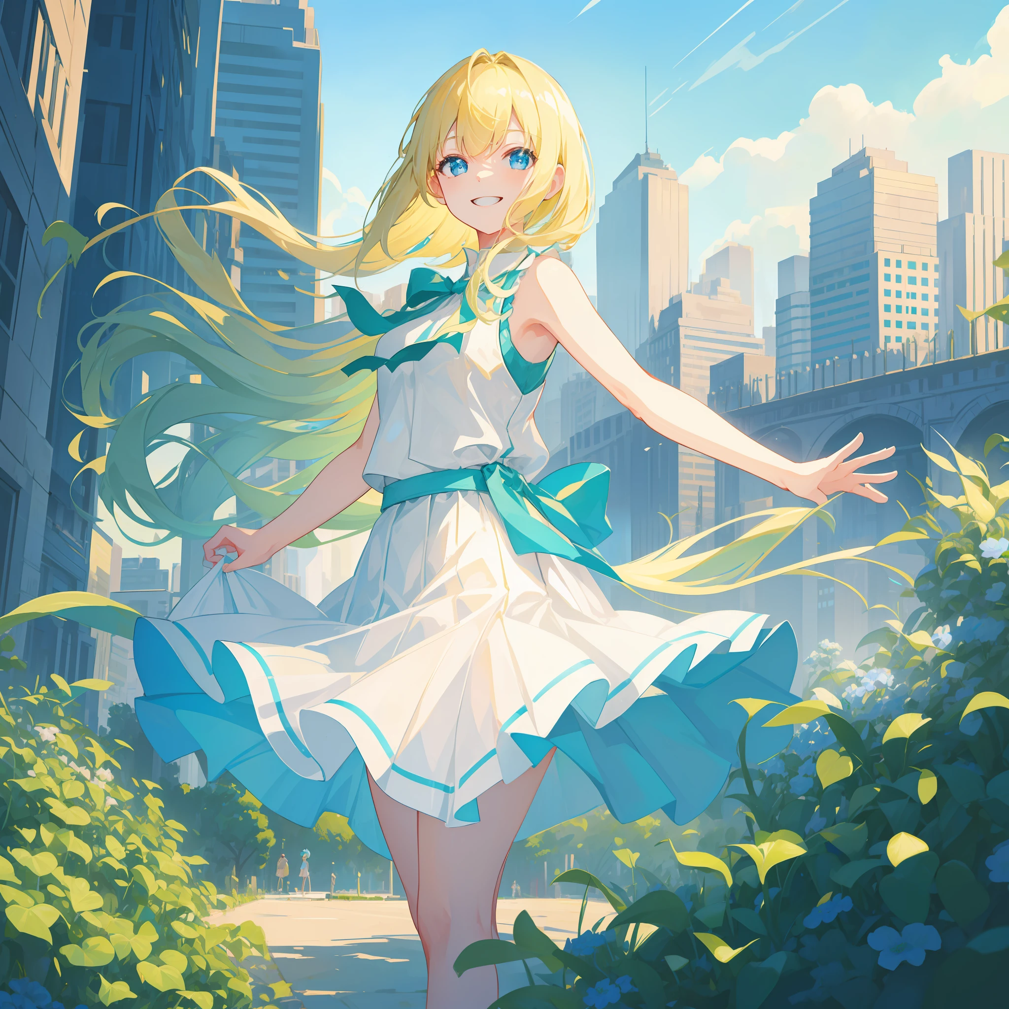 ((masterpiece, best quality)), blonde, light green tips, medium hair, 1 girl, white and blue sleeveless, pleated skirt, outdoor, solo, blue eyes, standing up, smiling, city, sun, low angle, park on background