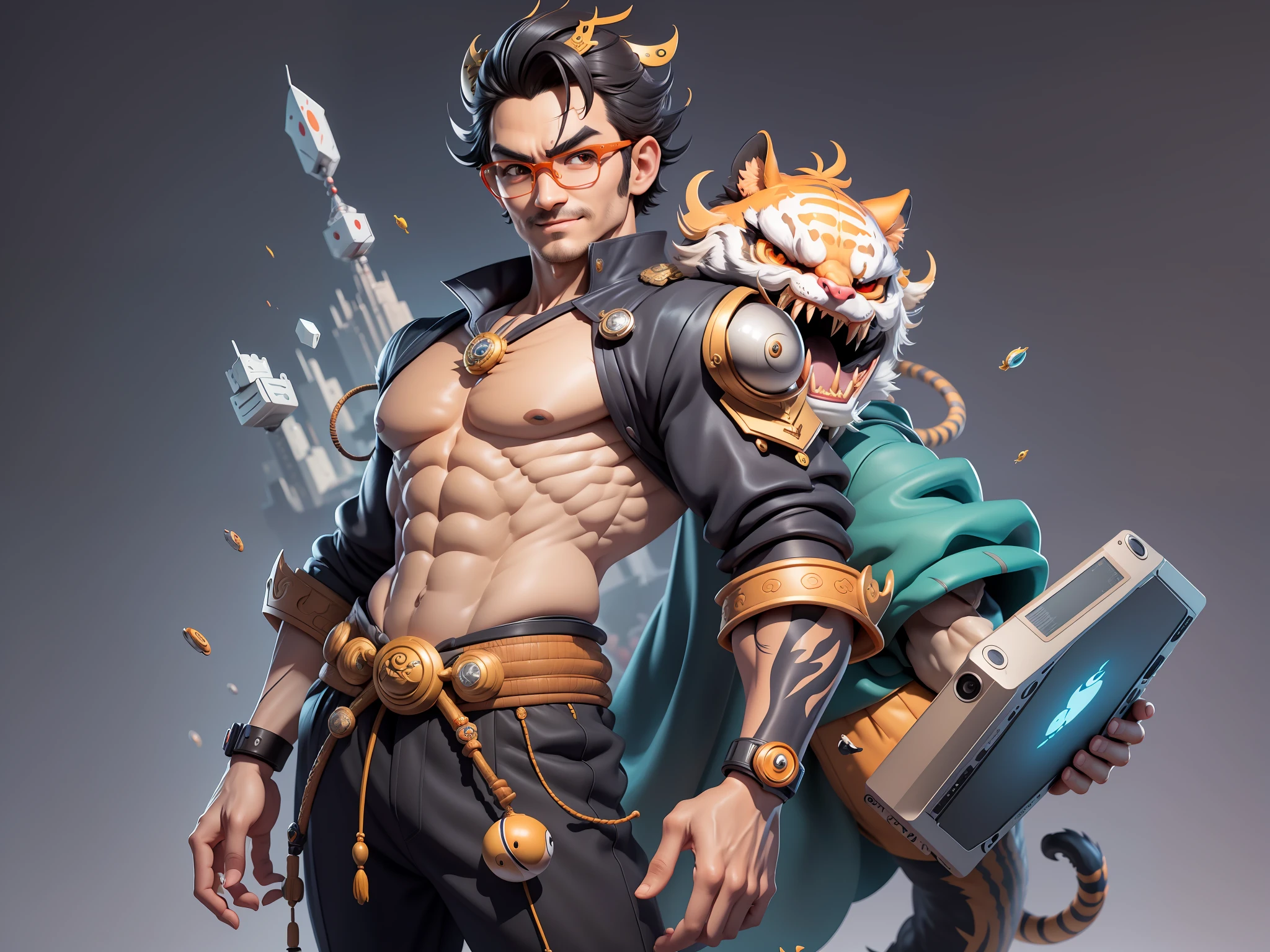 (Masterpiece), (Excellent), (Super Meticulous), (Full Body: 1.2), Super Young Man with Japanese Female Geisha, Pretty, Beautiful, Chinese Dragon, Tiger, Wind God Thor, Sexy, Bursting, Oriental Face, TV Anchor, Bust Portrait Illustration, Black Suit, Blue Tie, Slightly Chubby Face, Silver Glasses, Very Clean Face, No Beard on Chin, Black Super Short Hair, Black Eyes, Confident Smile, 3c Computer Sub-Products, iPad, iPhone, Digital Painting, 3D character design by Mark Clairedon and Pixar and Hayao Miyazaki and Akira Toriyama, the illustrations are HD illustrations in 4K resolution with highly detailed facial features and cartoon-style visuals.