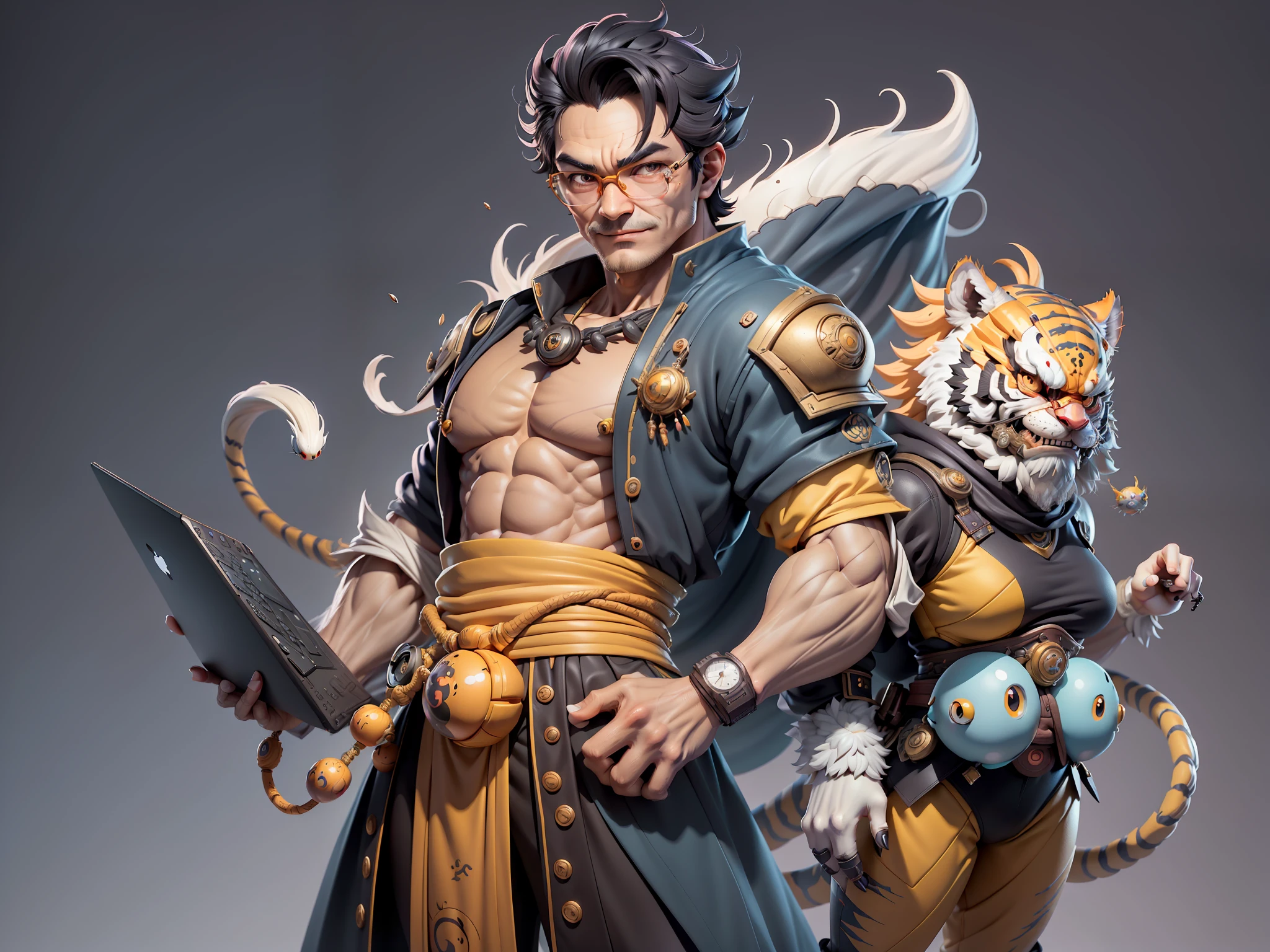 (Masterpiece), (Excellent), (Super Meticulous), (Full Body: 1.2), Super Young Man with Japanese Female Geisha, Pretty, Beautiful, Chinese Dragon, Tiger, Wind God Thor, Sexy, Bursting, Oriental Face, TV Anchor, Bust Portrait Illustration, Black Suit, Blue Tie, Slightly Chubby Face, Silver Glasses, Very Clean Face, No Beard on Chin, Black Super Short Hair, Black Eyes, Confident Smile, 3c Computer Sub-Products, iPad, iPhone, Digital Painting, 3D character design by Mark Clairedon and Pixar and Hayao Miyazaki and Akira Toriyama, the illustrations are HD illustrations in 4K resolution with highly detailed facial features and cartoon-style visuals.