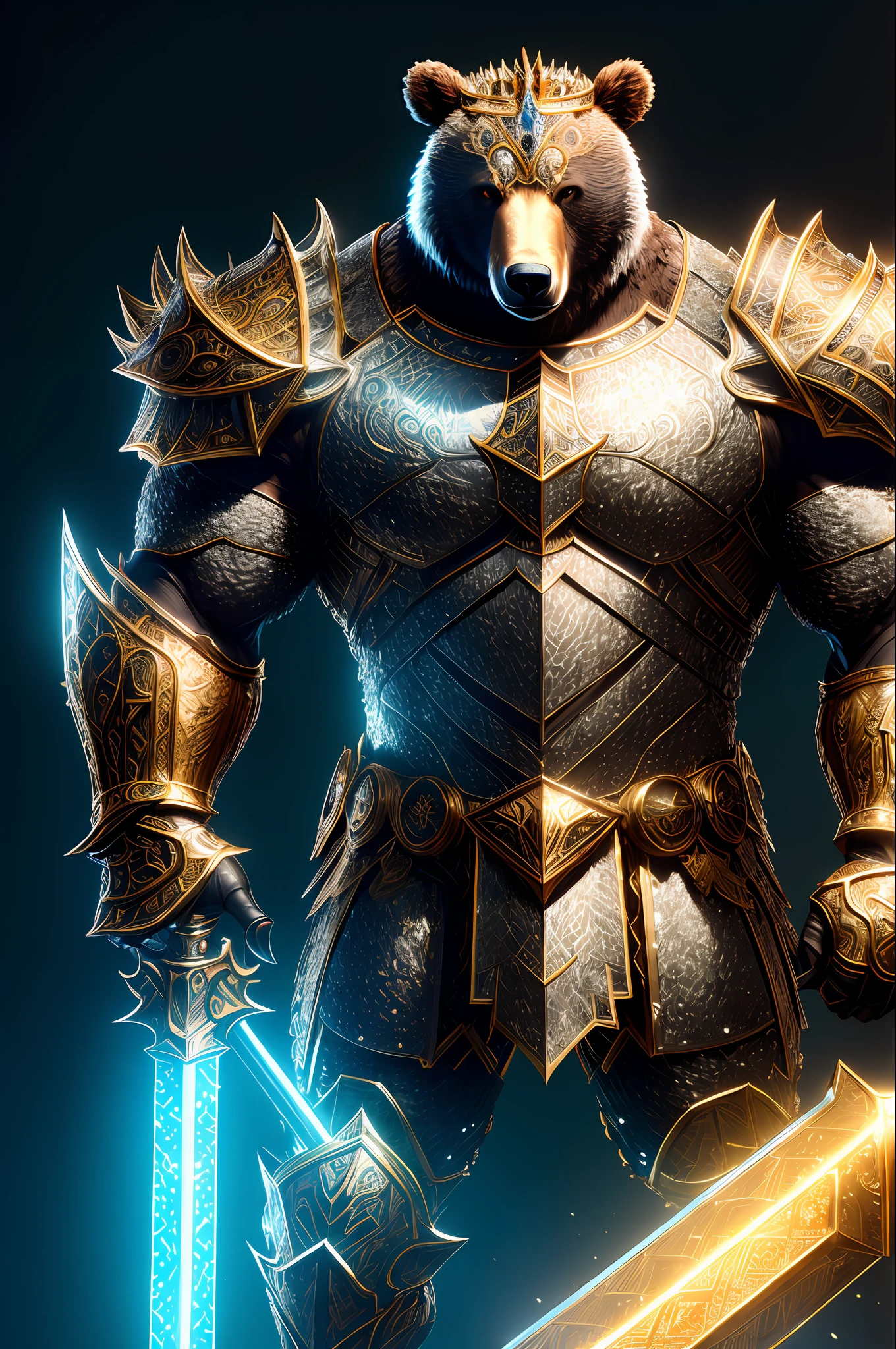 Majestic anthropomorphic bear knight with muscular body axe-wielding full body image and gleaming sculpt, finely detailed portrait, armor and crown, cinematic lighting, intricate filigree metal design, neon cyberpank 4k, 8k, unreal engine, octane rendering, --air 9:16 --testp --upbeta