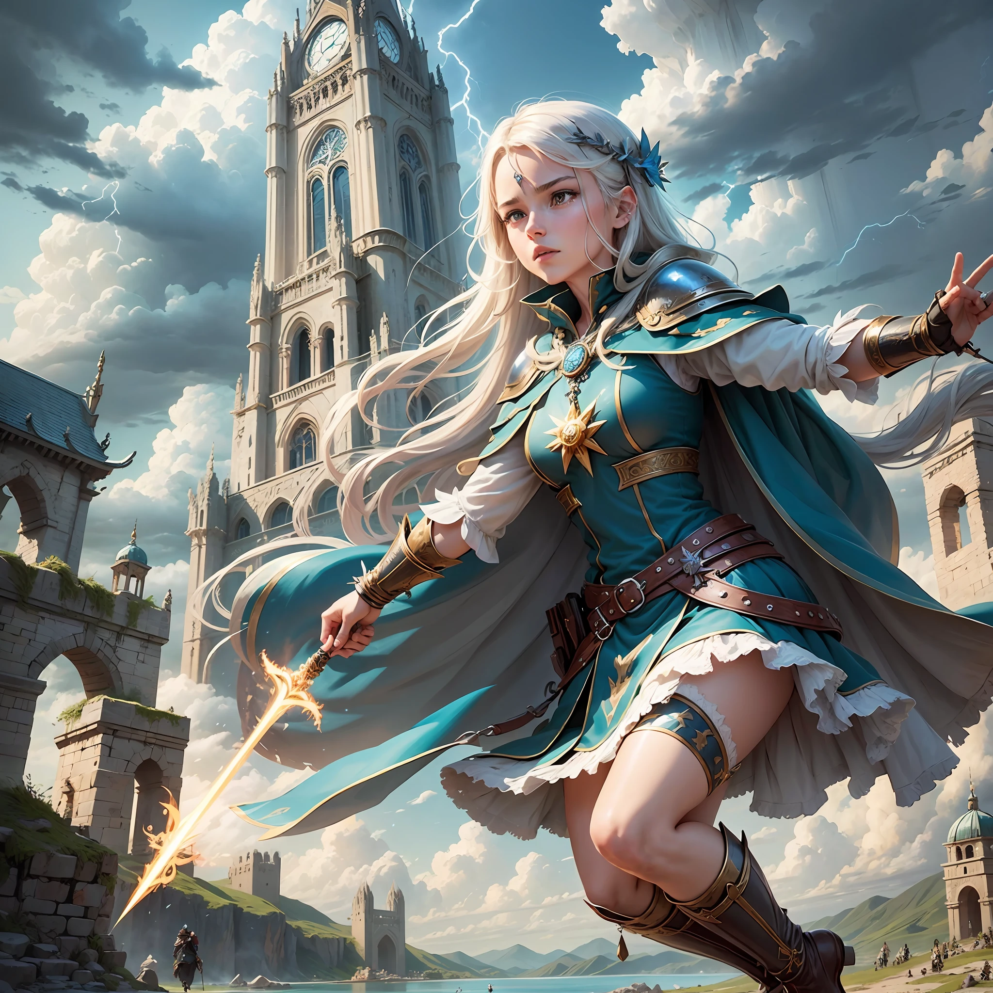 Step 1 - Scene: This is a magical scene with multiple characters in it. The scene features magnificent epic cinematic style buildings and landscapes, including towers, city walls, bridges, meadows, and lakes. There are mysterious clouds and lightning in the sky, as well as the flow and flickering of magical energy.
Step 2 - Labels (relational, noun, verb):
Characters: Many people, male, female, elderly, young
Clothing: magical decorations, ancient costumes, armor, robes, cloaks, boots
Architecture: walls, towers, bridges, palaces, shrines, meadows, lakes
Sky: Clouds, lightning, magical energy
Items: magic staffs, swords, bows and arrows, shields, magic crystals, books
Actions: casting, fighting, running, jumping, flying, resting, talking, thinking, observing
Step 3 - tag:
Characters: Multiple characters, male, female, elderly, young
Clothing: magical decoration, ancient attire, armor, --auto --s2