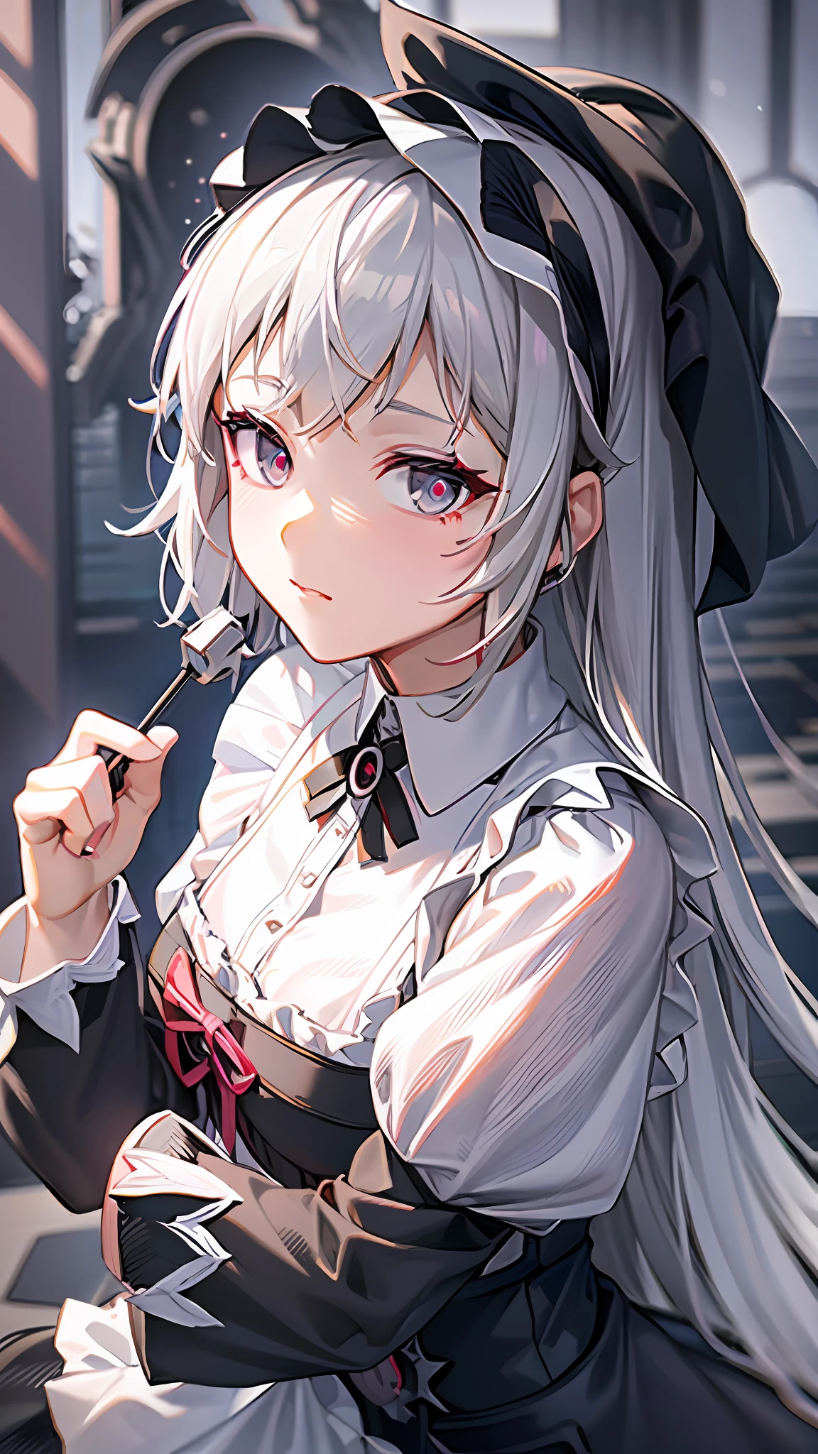 a close up of a woman in a dress with a white and black dress, gothic maiden anime girl, anime girl wearing a black dress, cute anime waifu in a nice dress, anime girl in a maid costume, an elegant gothic princess, guweiz, guweiz on pixiv artstation, guweiz on artstation pixiv, beautiful anime girl