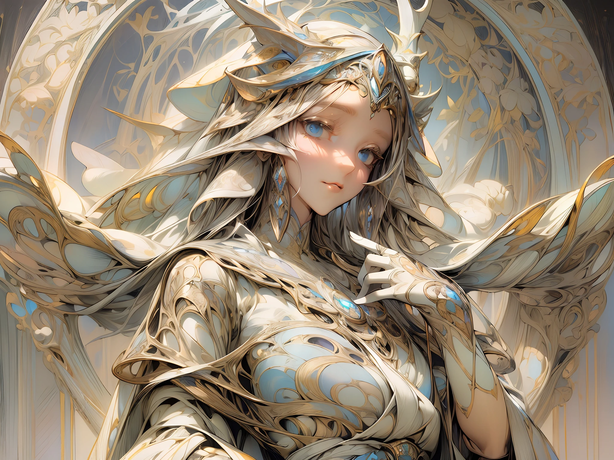 ((best quality)), ((masterpiece)), (detailed), highly detailed skin, (ultra-detailed), sharp focus, HDR, 8K resolution, (beautiful detailed eyes), (good hands), a woman in a white dress with a veil, pastel background, (art nouveau), official art, (flat color:1.3), (flat image:1.4), (white deer horns), black outline