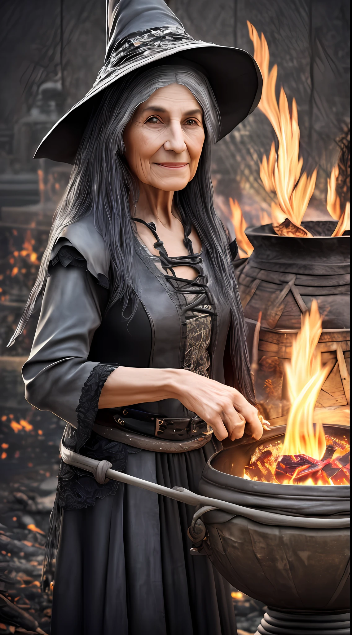 Realistic photo, ultra details, natural light Ultra detailed portrait ((1)) Elderly woman sorceress, 60 years old, thin, long gray hair, black hat sorceress, with (((a small witch's cauldron with fire inside)) , with shredded black blouse, long patchwork color skirt, dark background, in the cemetery, photo taken full body. The illustration is in high definition in 8K resolution, with ultra detailed facial features