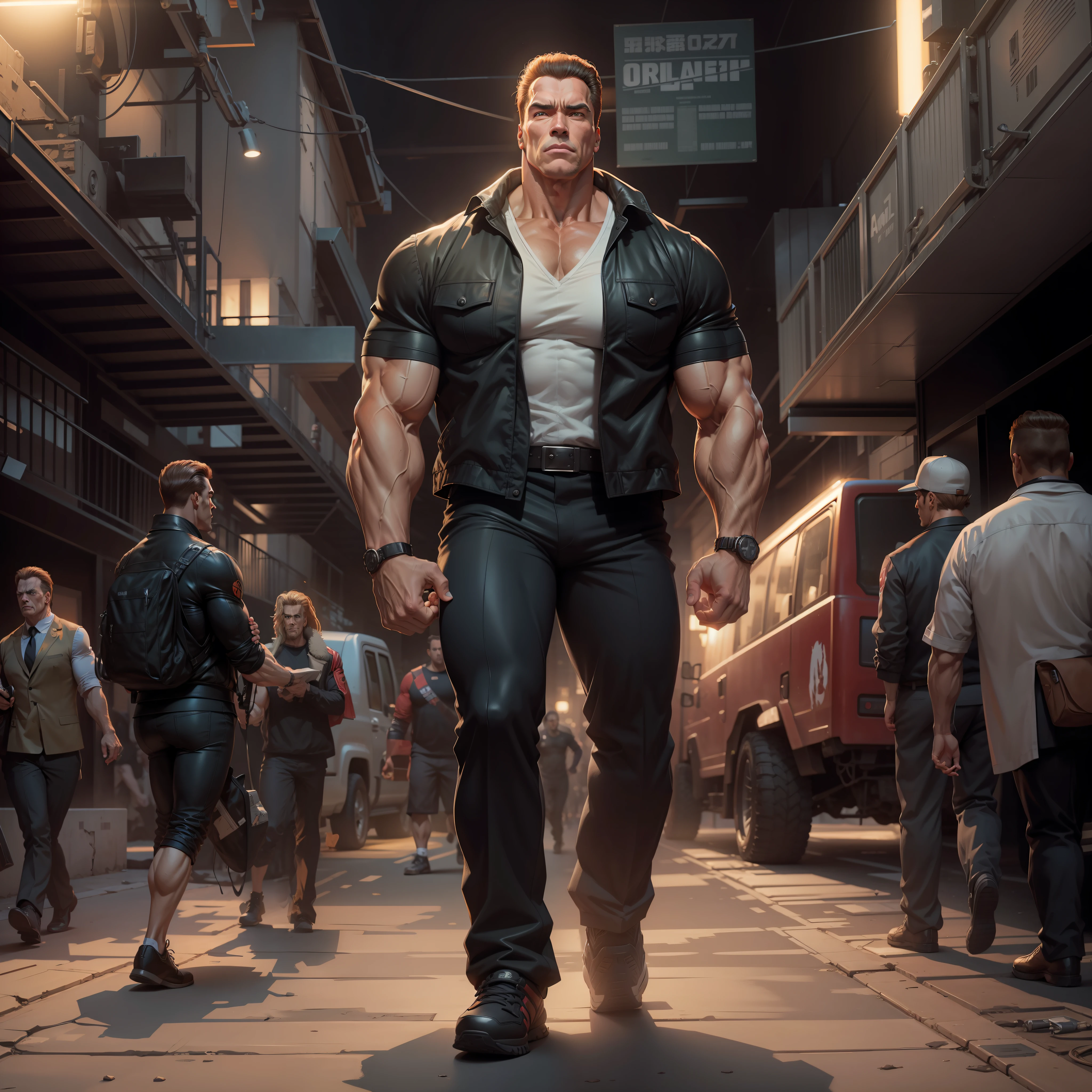 Arnold Schwarzenegger anime style, very detailed, full body, with backdrop