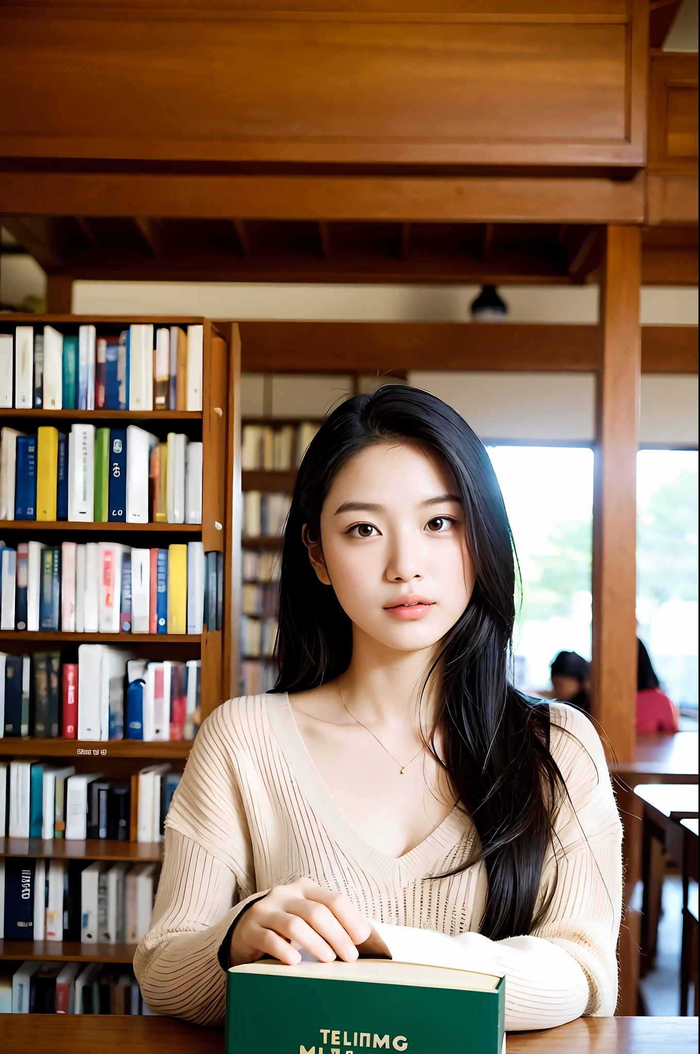 Capture the serene beauty of a young woman immersed in the peaceful ambiance of a library. The soft, diffused lighting gently illuminates her features, highlighting her delicate expressions and creating an atmosphere of tranquility. The library's shelves filled with books provide a backdrop of knowledge and wisdom. Focus on capturing the model's natural charm and elegance, preserving the essence of a serene and introspective moment