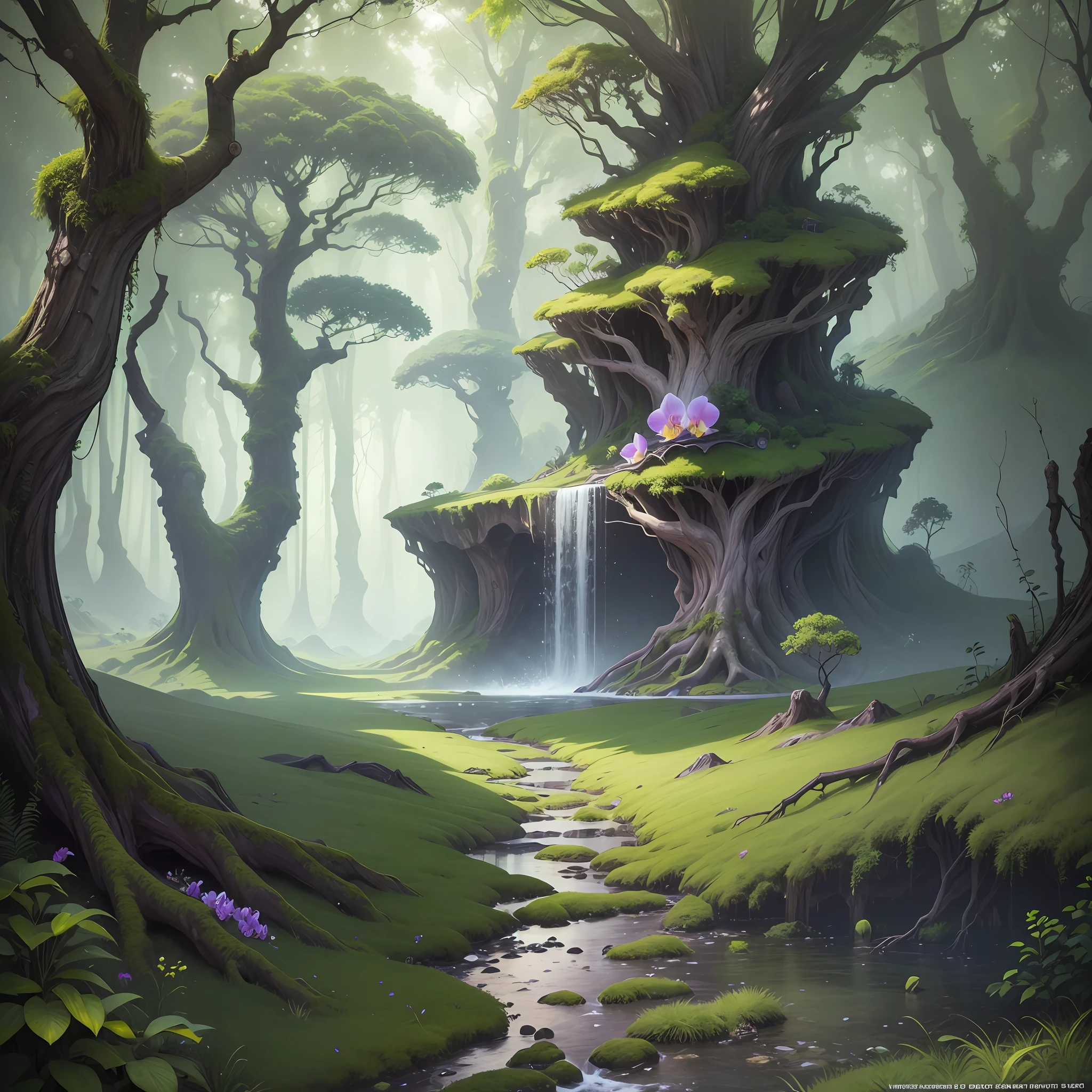 Computer Visualized Graphics, Realistic Fantasy, Extensive Landscape Ultrasound Photography (general view showing an orchid inside, roots, tree, moss), blurred background, gloomy, yellow, green, purple