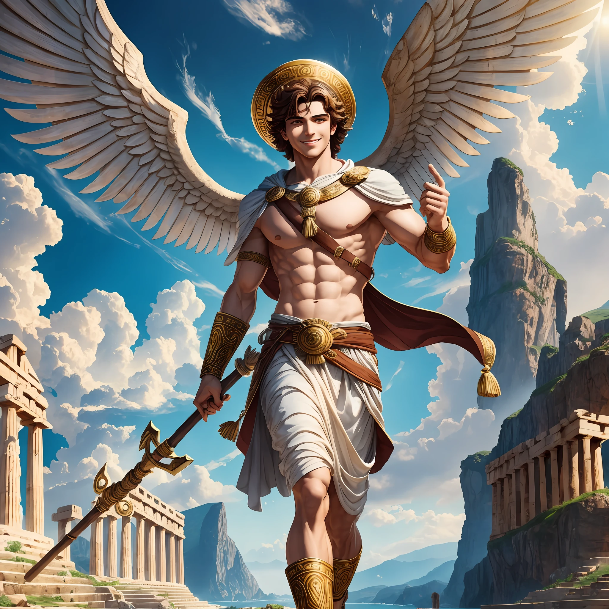 "One young male god of commerce and communication, With brown hair and brown eyes, Is light musclar, Looks very cunning and quick, Smiles a cynical smile, Puts on a wide-brim hat, Wears a greek tunic, puts on sandals with wings, holds a greek messenger's staff, caduceus", Greek mythology, Ancient Arcadian mountains and sky, Active atmosphere, Super high quality, Super accurate description of hands, HDR, Photorealistic, Super detail, Masterpiece, 8K