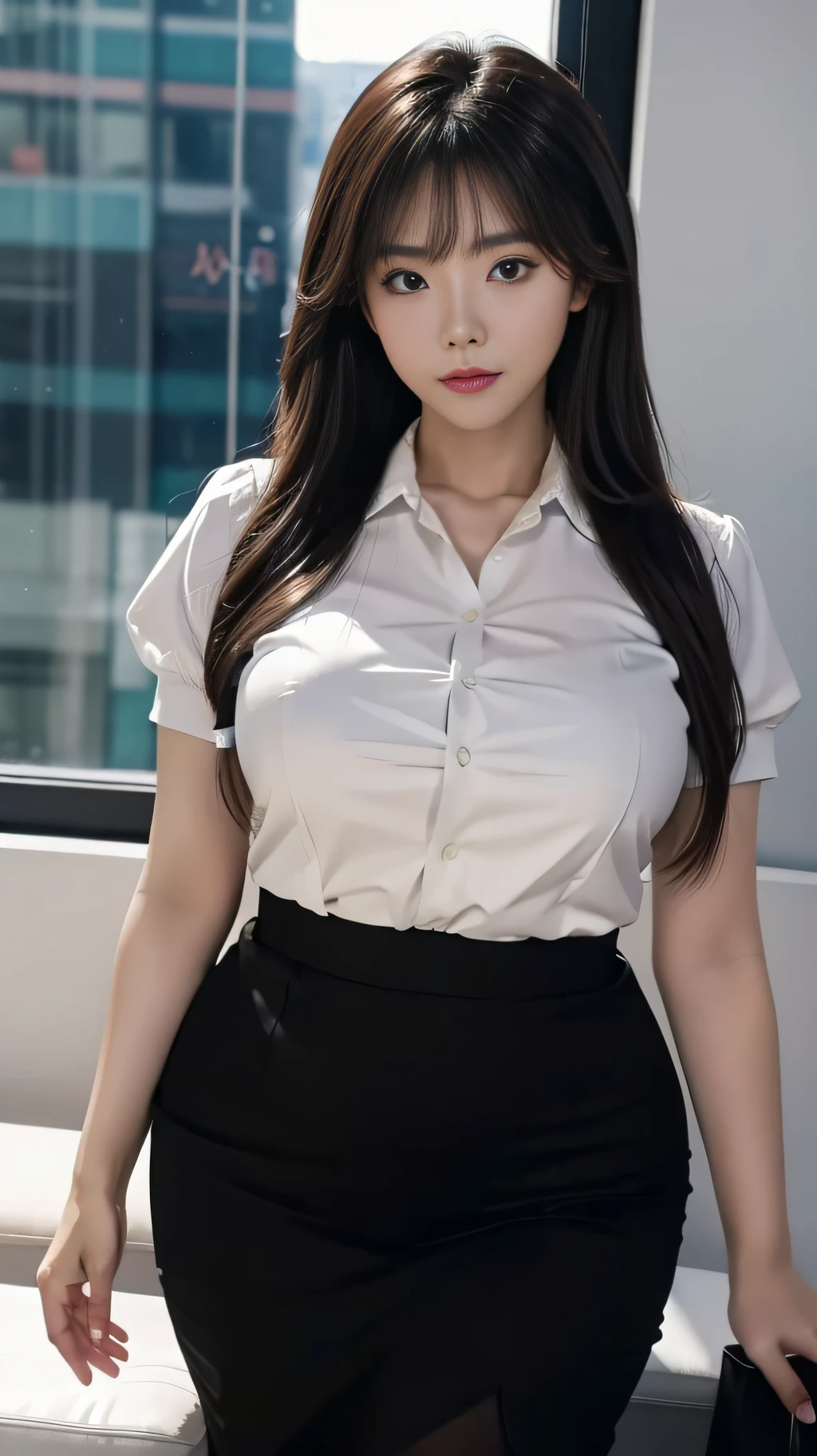 A Chinese woman in a high-end office office office, fluffy hair, delicate face, bright, real girl, large aperture, wearing white-collar professional clothes, short sleeves, tight, macro shooting, plump, slightly fat, very plump, sexy, looking at you, good-looking eyes,