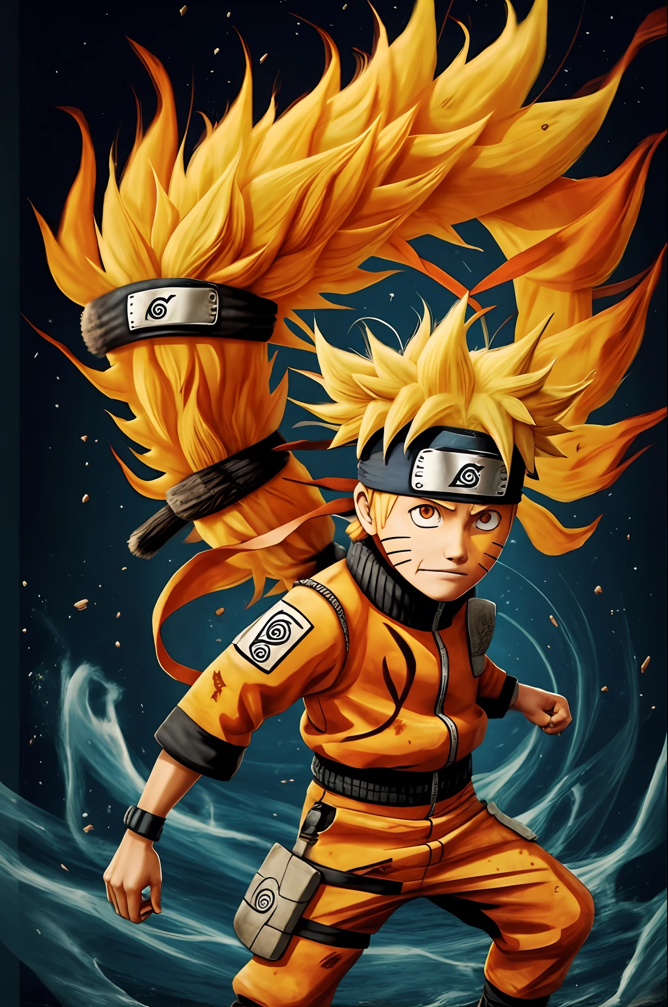 Naruto, full body, burning hair, fundo_preto, fire, giant 9 tail fox as background