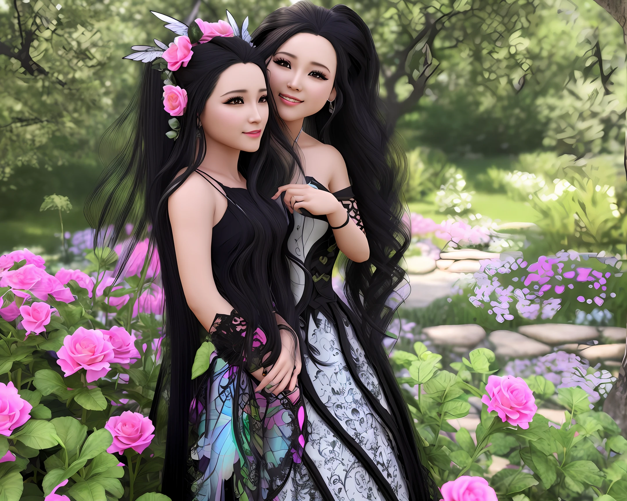 a woman dressed as a princess in a garden, pink half of black cute dress, stunning 3d render, hyper detailed face, wide over all view , (pretty smiling face) ,( double eyelid), beautiful fantasy painting, beautiful fantasy art, anime fantasy artwork, very beautiful fantasy art, magical fairy background, colorfull digital fantasy art,  digital art fantasy art, photo realistic , HD ,3D highlight , highly detailed , black (long) hair,  fantasy art , best position ( side view)