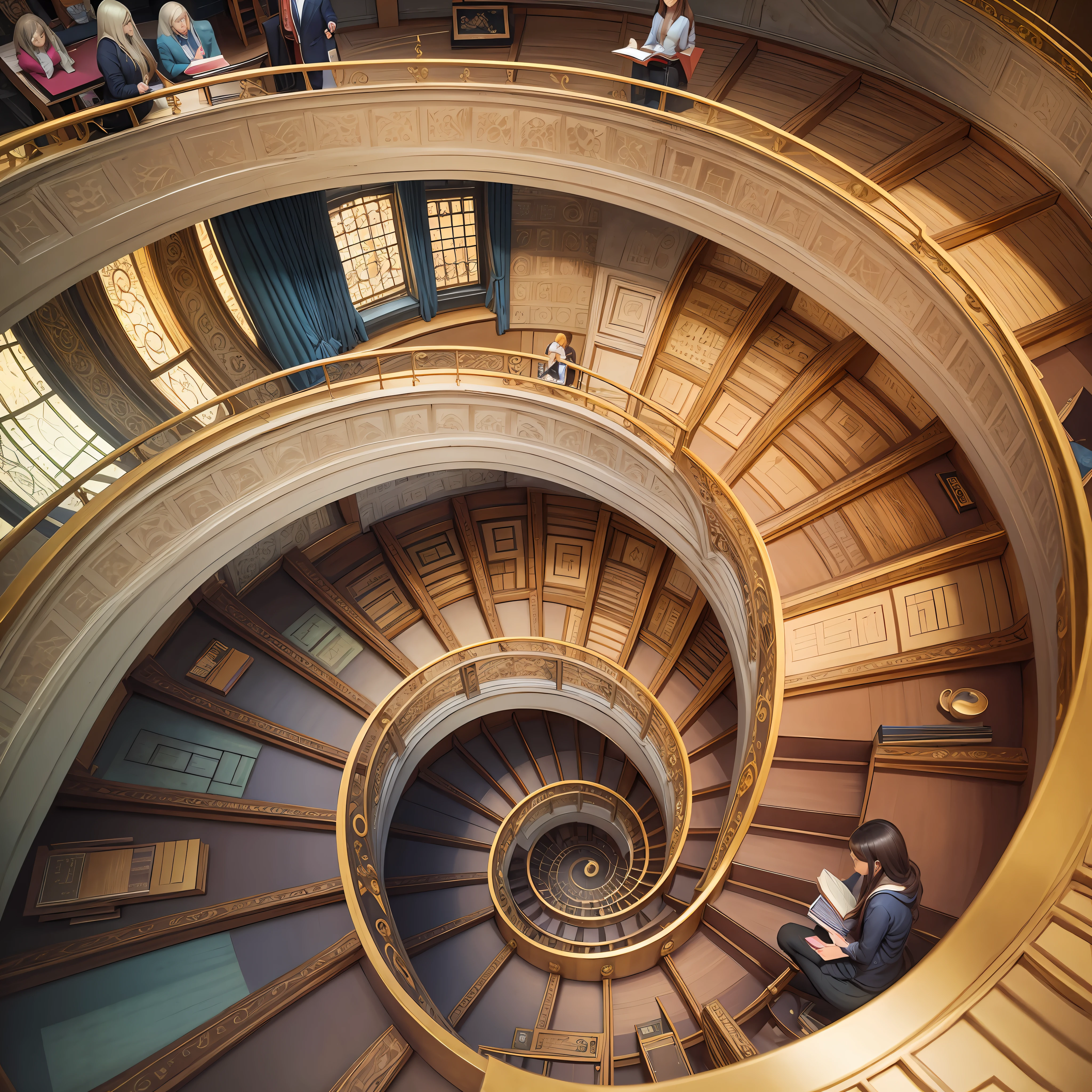 Spiral staircase in Golden ratio, top view, surreal, ultra realistic, detailed, mathematical symbols, books around, colorful, Mathematical calculations and people studying --auto --s2