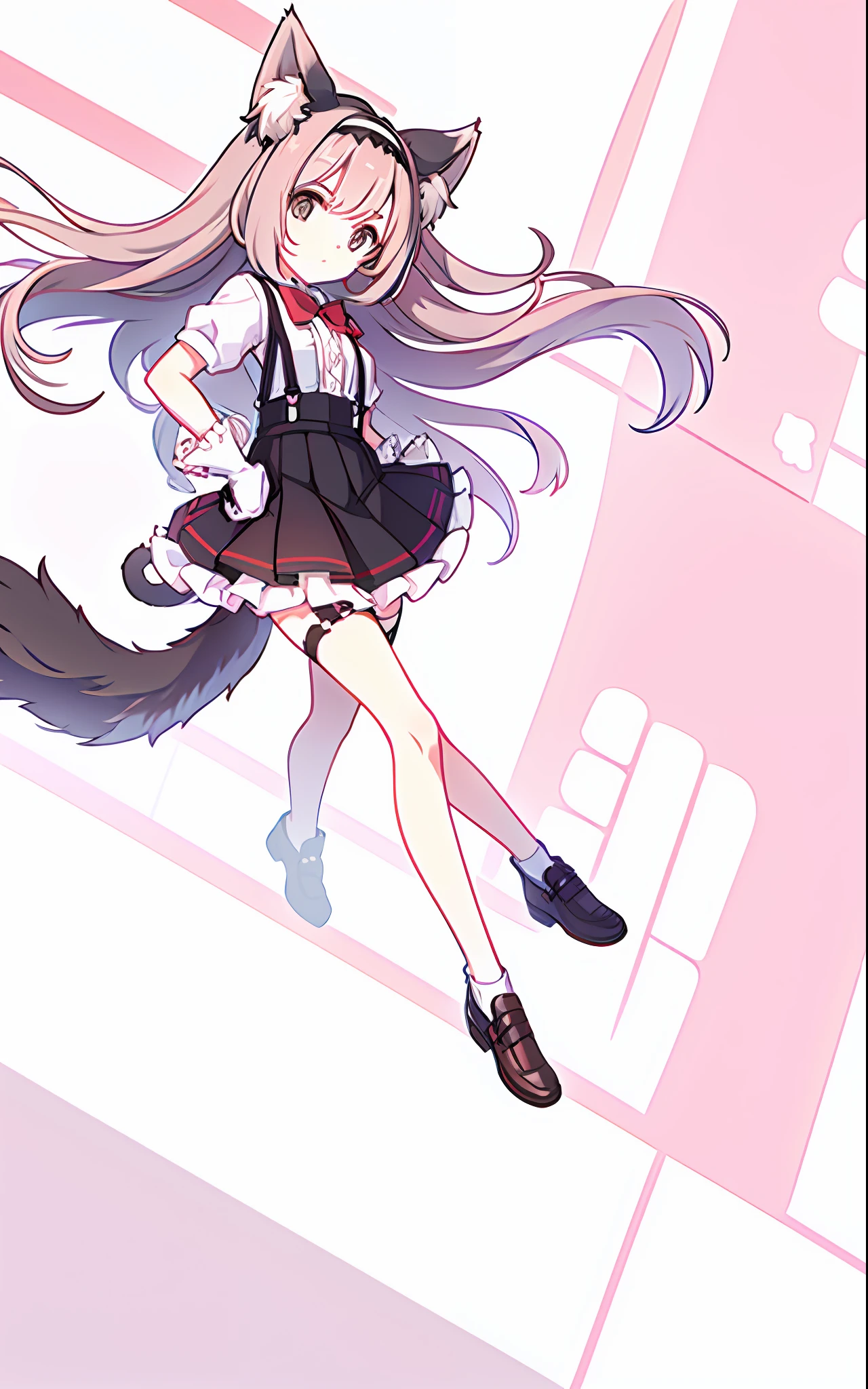 1girl, animal_ears, black_legwear, black_skirt, bow, closed_mouth, frills, hairband, hand_on_hip, looking_at_viewer, paw_gloves,puffy_short_sleeves,  shirt, skirt, solo, suspender_skirt, suspenders, tail, very_long_hair, white_background, white_shirt, nnk