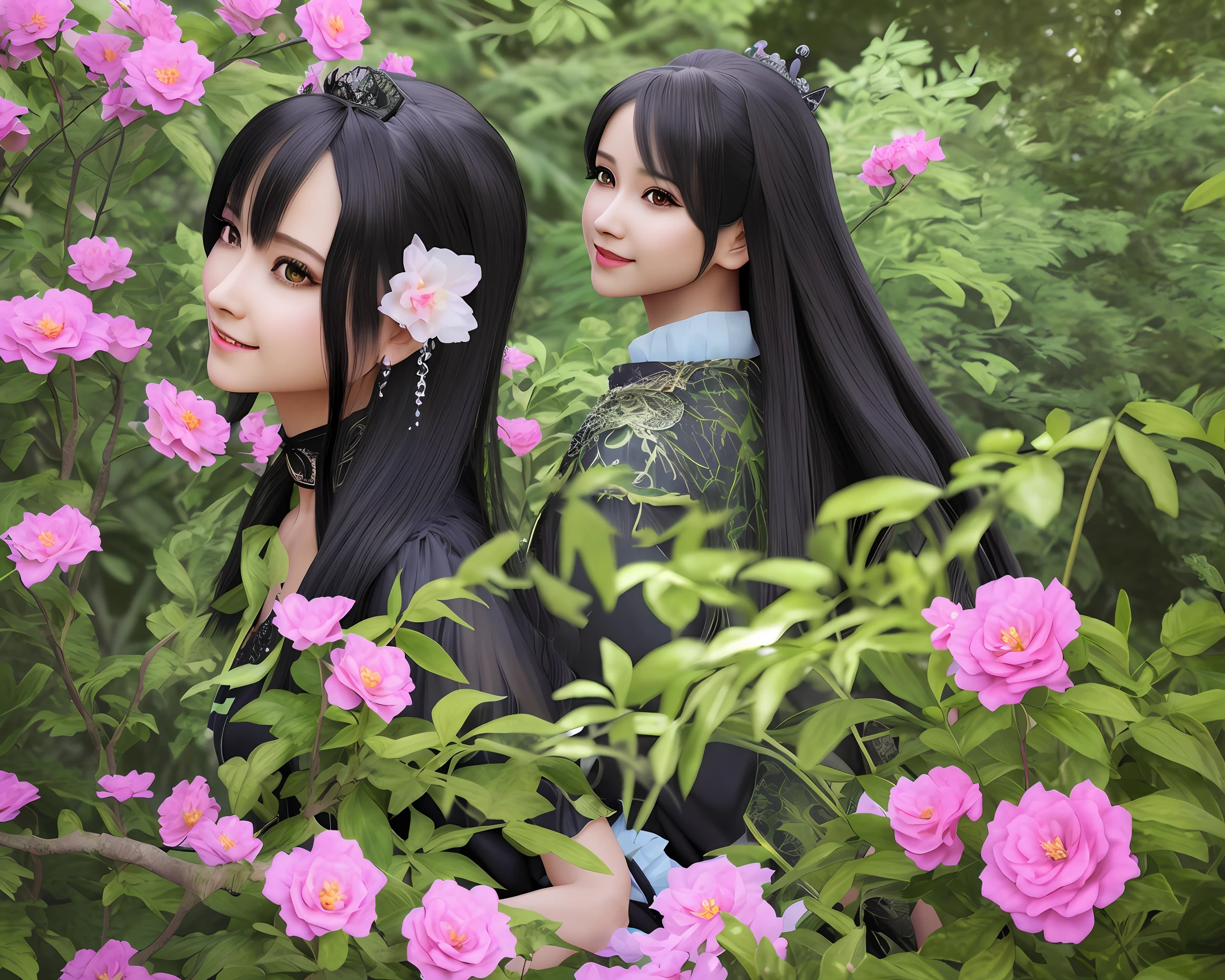 a woman dressed as a princess in a garden, pink half of black cute dress, stunning 3d render, hyper detailed face, wide over all view , (pretty smiling face) ,( double eyelid), beautiful fantasy painting, beautiful fantasy art, anime fantasy artwork, very beautiful fantasy art, magical fairy background, colorfull digital fantasy art, digital art fantasy art, photo realistic , HD ,3D highlight , highly detailed , black (long) hair, fantasy art , best position ( side view)