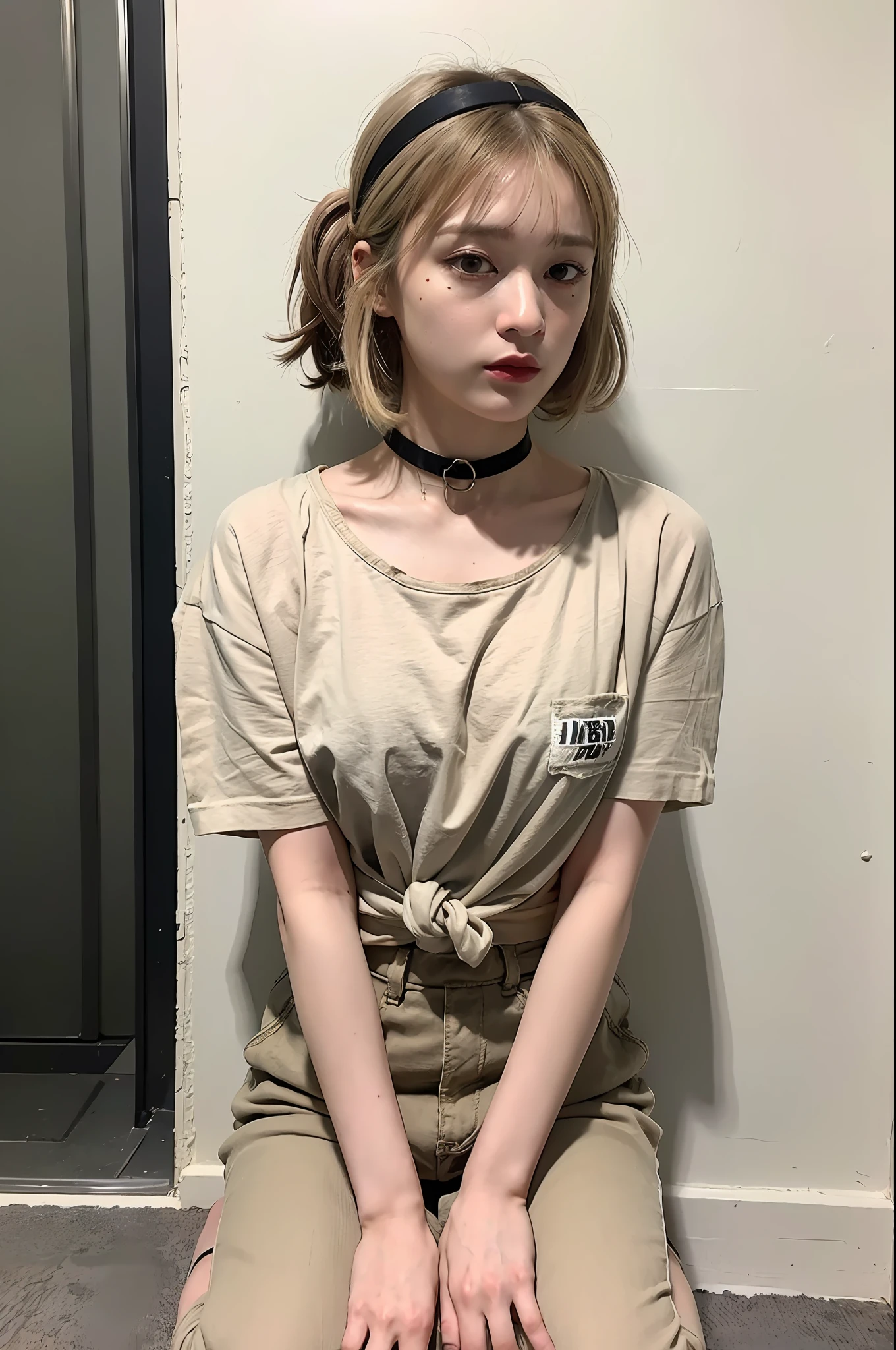 (8k:1.27), best quality, masterpiece, ultra highres:1.2), arrested lesbian goth delinquent girl with arm tattoos, tattooed girl, full body picture, beige oversized knotted prisoner t-shirt with black letters, short big sleeves, beige inmate prison uniform, beige short inmate pants, dyed green hair, dyed blonde hair, short bob hairstyle, high ponytail, hair bangs, kneeling in a prison cell, handcuffed, hands tied with rope behind body, submissive neck choker, dog collar and leash in neck, 4k or 8k picture, looking down sad, paisley bandana ribbon hairband, nose septum piercing, wearing dirty old clothes, smelly, barefoot