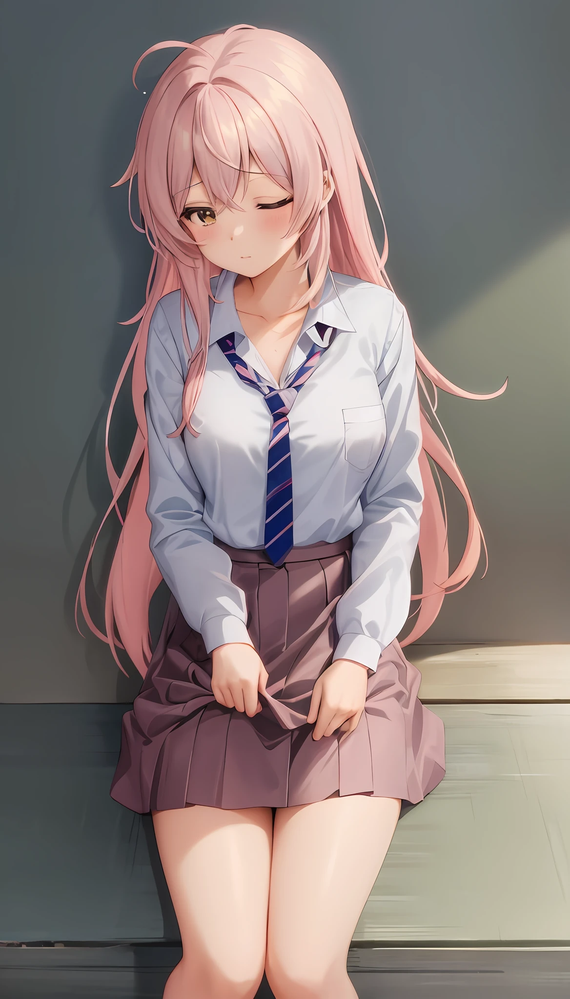 anime girl with pink hair and white shirt and tie, cute girl anime visual, portrait anime girl, cute anime girl portrait, beautiful anime girl, beautiful anime portrait, anime style 4k, 4k anime wallpaper, (anime girl), anime wallpaper 4k, anime girl with long hair, anime wallpaper 4k, anime art wallpaper 4k,Daily life, sitting in the seat across from you, sitting shallowly, sleeping habits, spreading your legs a little, skirt lift by myself, cute panties,