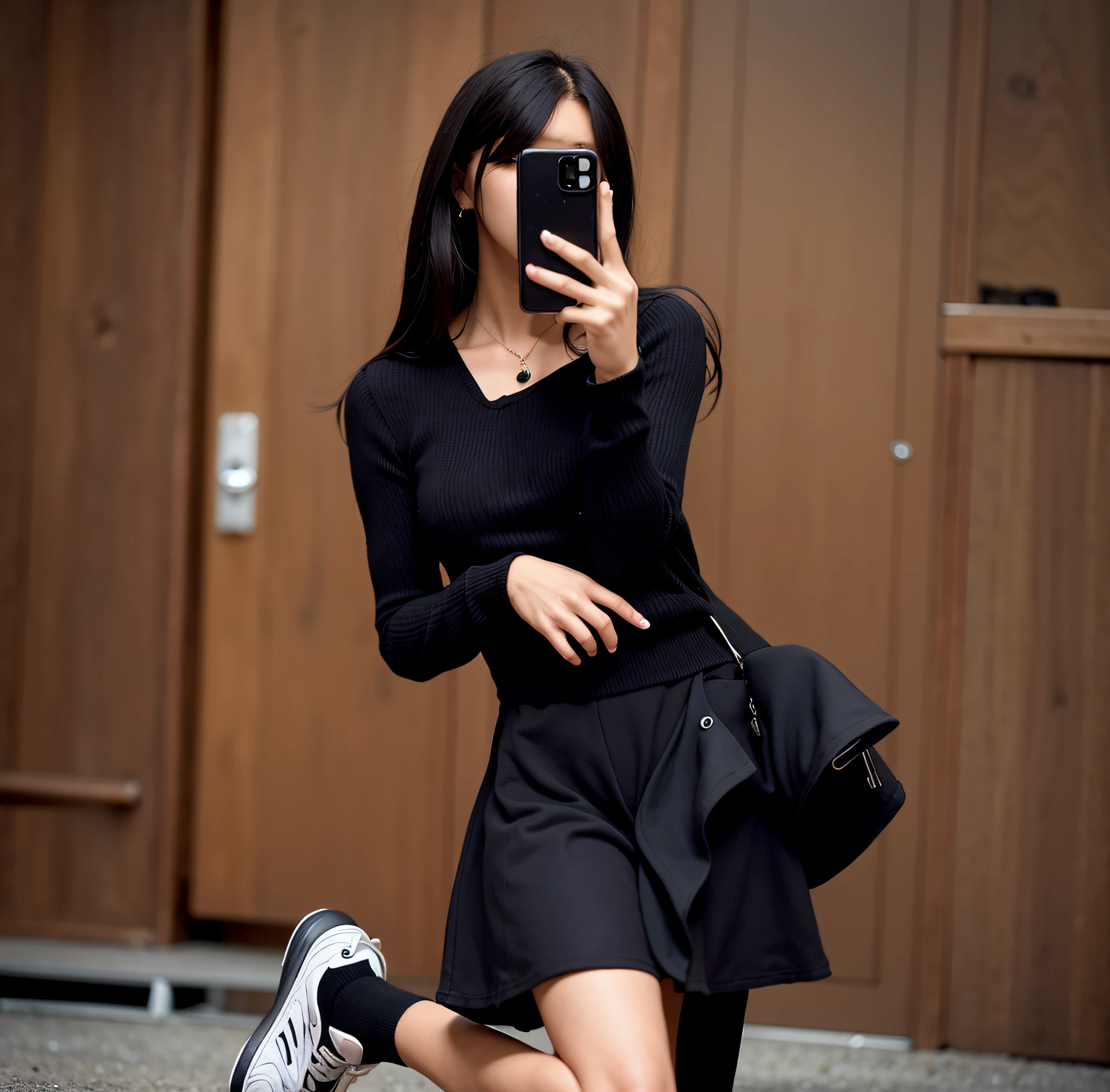 Pretty woman taking selfie in black dress and sneakers, casual black outfit, black dress, ulzzang, black outfit, high waist black skirt, wearing black modern outfit, 2447, dressed in black, black, 2263539546], black fast, black skirt, black oversized clothes