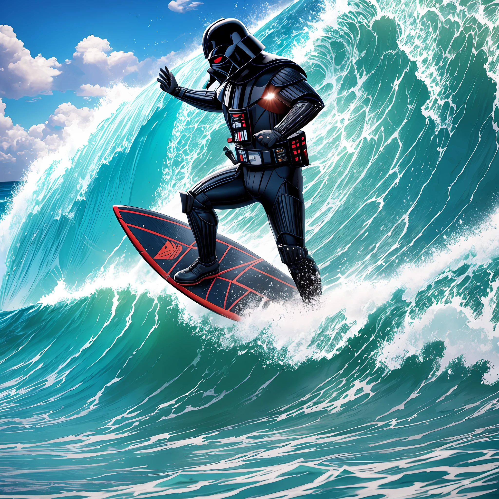 Darth Vader surfing in Hawaii, dropping a wave, paradise beach. Sunny day, perfect sea. color drawing, intricate details, unreal engine, UHD