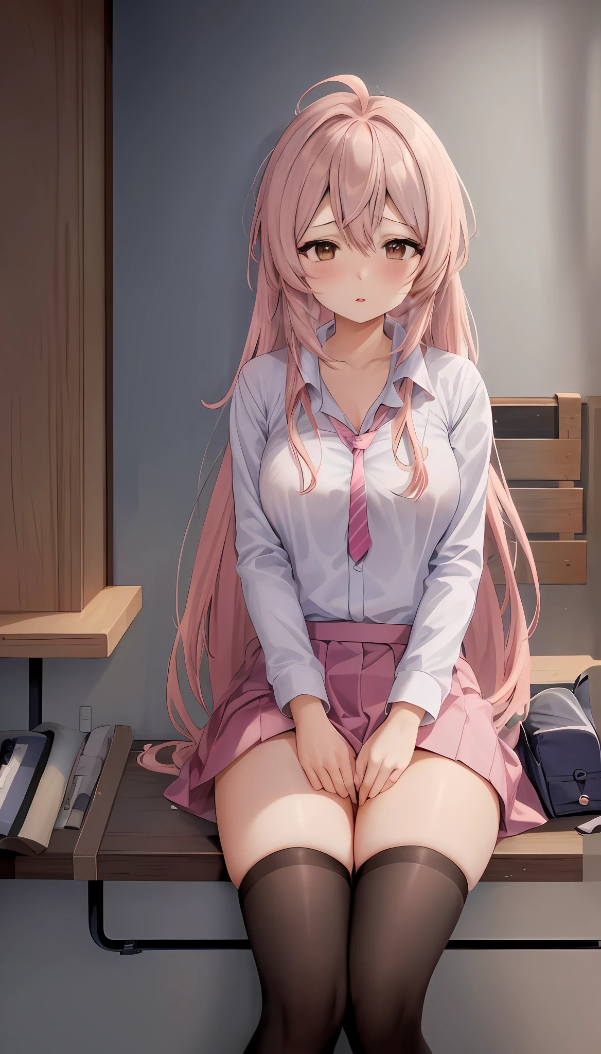 (nsfw:1.3) , anime girl with pink hair and white shirt and tie, cute girl anime visual, portrait anime girl, cute anime girl portrait, beautiful anime girl, beautiful anime portrait, anime style 4k, 4k anime wallpaper, (anime girl), anime wallpaper 4k, anime girl with long hair, anime wallpaper 4k, anime art wallpaper 4k,Daily life, sitting in the seat across from you, sitting shallowly, sleeping habits, spreading your legs a little, skirt lift by myself, cute panties,