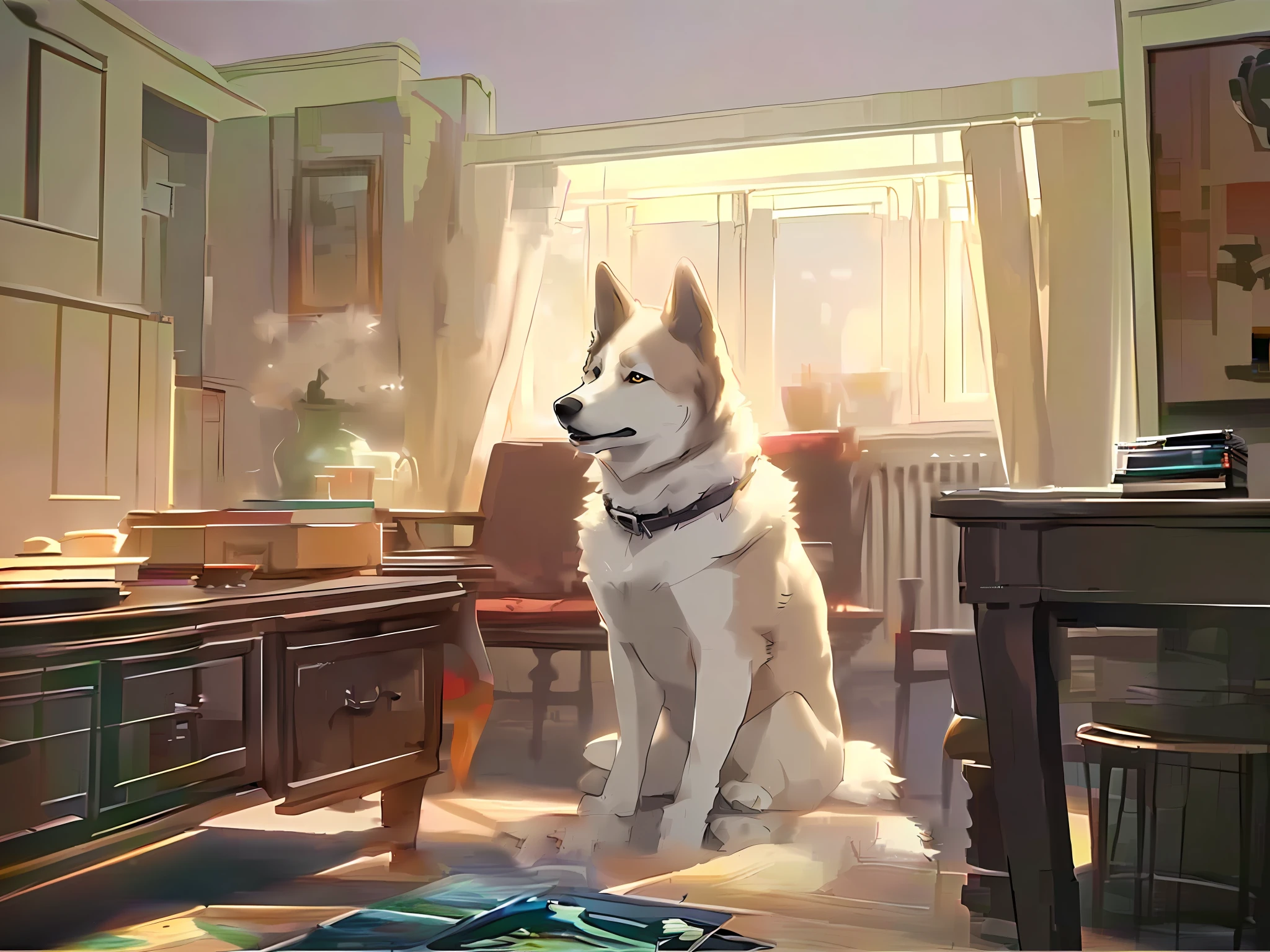 there is a dog sitting in a room with a desk and chair, by Yang J, painted in anime painter studio, made with anime painter studio, realistic picture, very very beautiful furry art, ( ( makoto shinkai ) ), relaxing concept art, anthropomorphic shiba inu, realistic art style, realistic anime 3 d style, anime art wallpaper 8 k