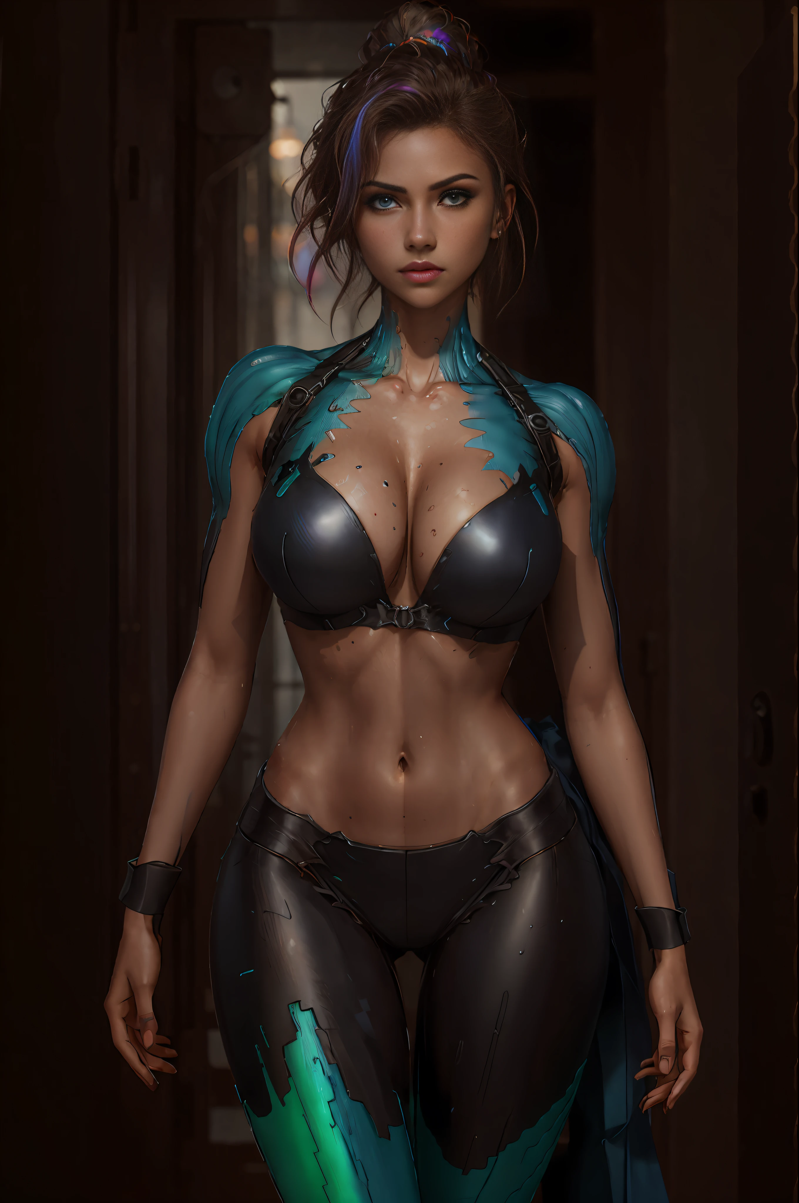 RAW, 1girl, colorful, full body shot, (masterpiece, best quality), (detailed skin:1.3, detailed face:1.3), dslr, realistic, looking at viewer, sharp focus, delicate, soft colors, cinematic lighting, MyNataLee woman
