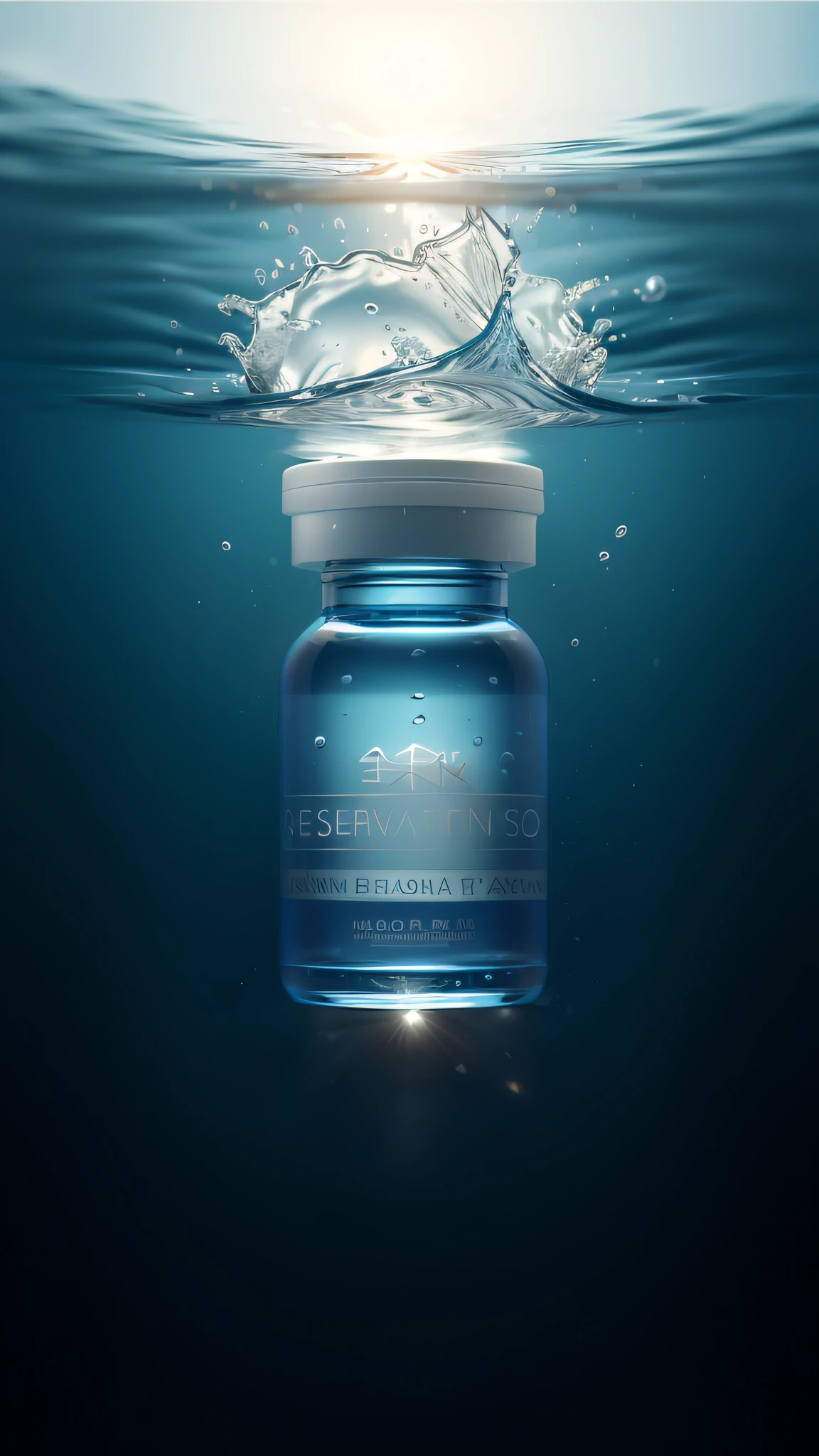 Real flow, blue background, white bottle, lake, bubbles, splashing splashes