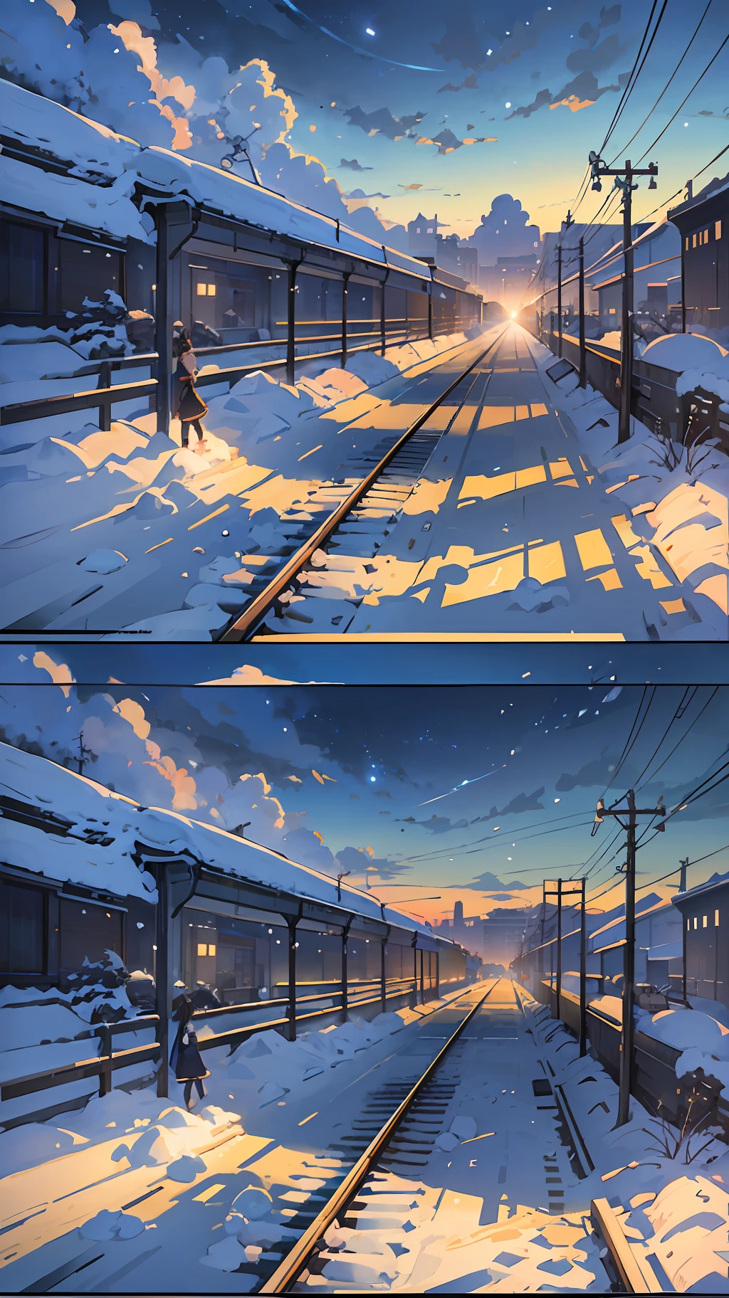 There is a train running along the tracks in the snow, Makoto Shinkai's concept art, tumblr, magic realism, beautiful anime scenes, cosmic sky. by makoto shinkai, ( ( makoto shinkai ) ), anime background art, anime backgrounds, Makoto Shinkai's style, anime movie backgrounds, galaxy express, no humans. --auto --s2