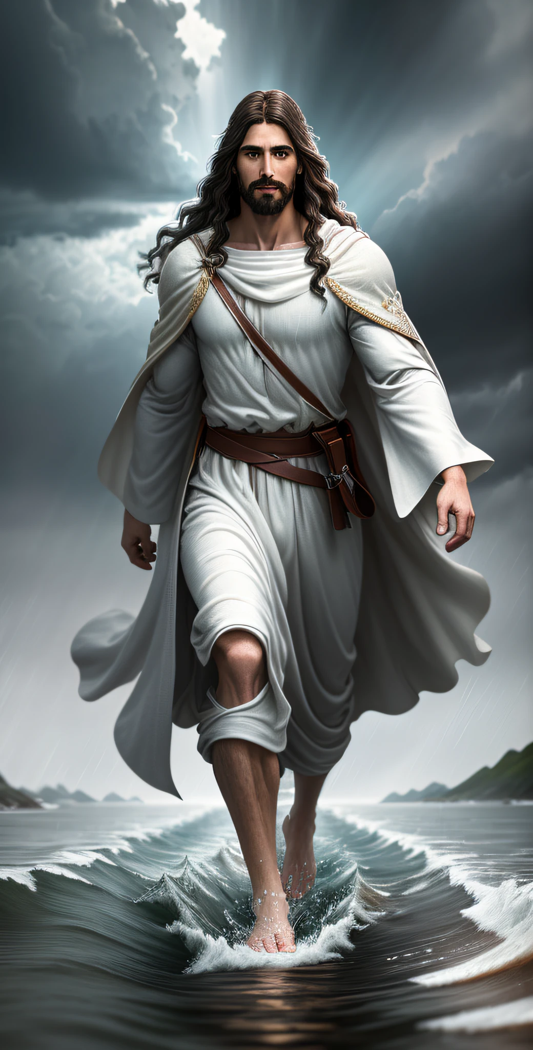 jesus walking on water in a storm, masterpiece, best quality, high quality, extremely detailed CG unit 8k wallpaper, award winning photography, Bokeh, Depth of Field, HDR, bloom, Chromatic aberration, photorealistic, extremely detailed, trending on artstation, trending on CGsociety, intricate, high detail, dramatic, mid-journey art, volumetric lighting