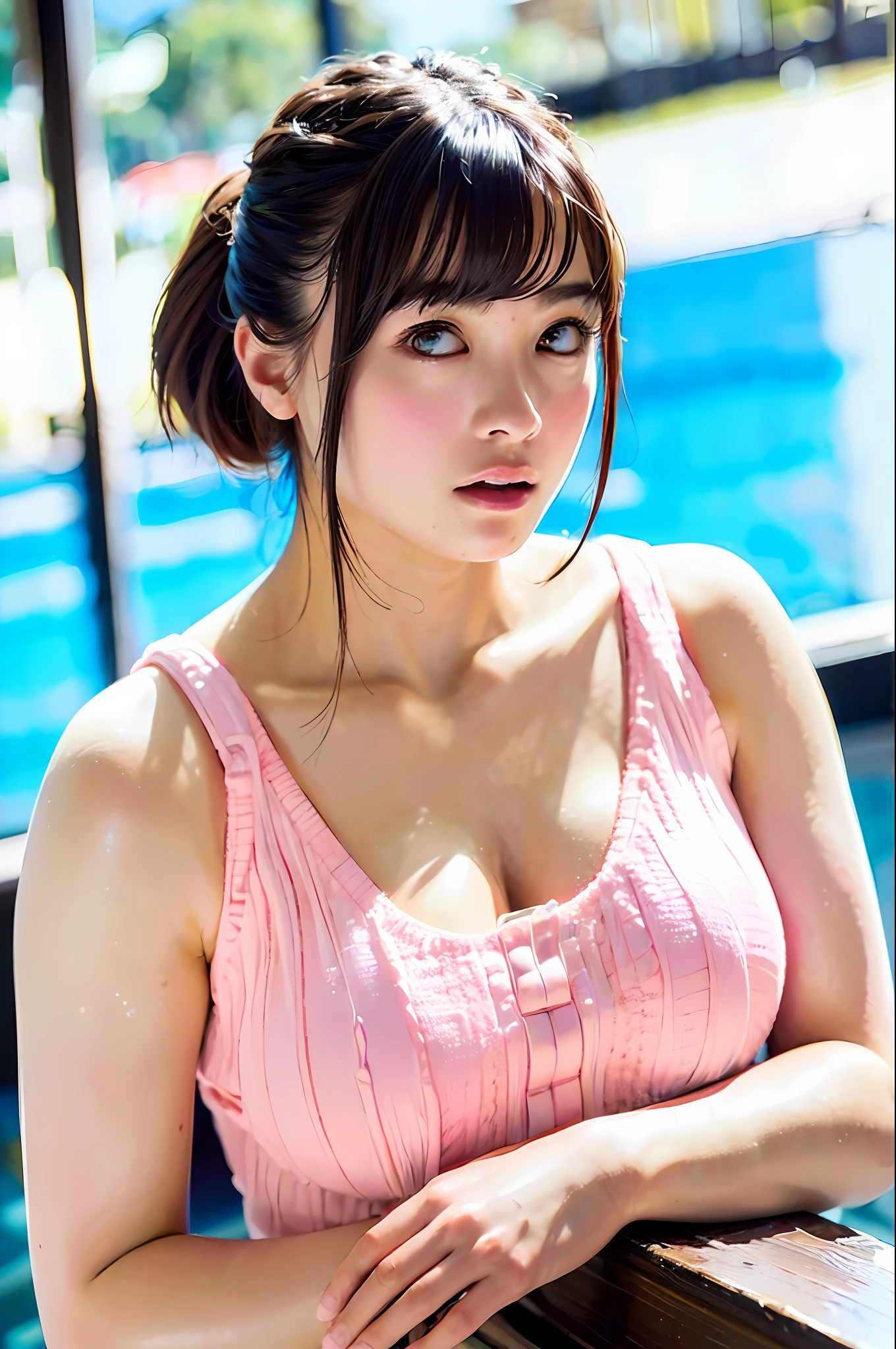 ((Best quality, 8k, Masterpiece :1.3)), sensual woman, 1girl, huge breasts :1.3, (firm abs, slender figure :1.2), dark brown hair, pink bra,pink g-string panty , beside indoor swimming pool,full body, ultra-detailed face, detailed lips, detailed eyes, double eyelid