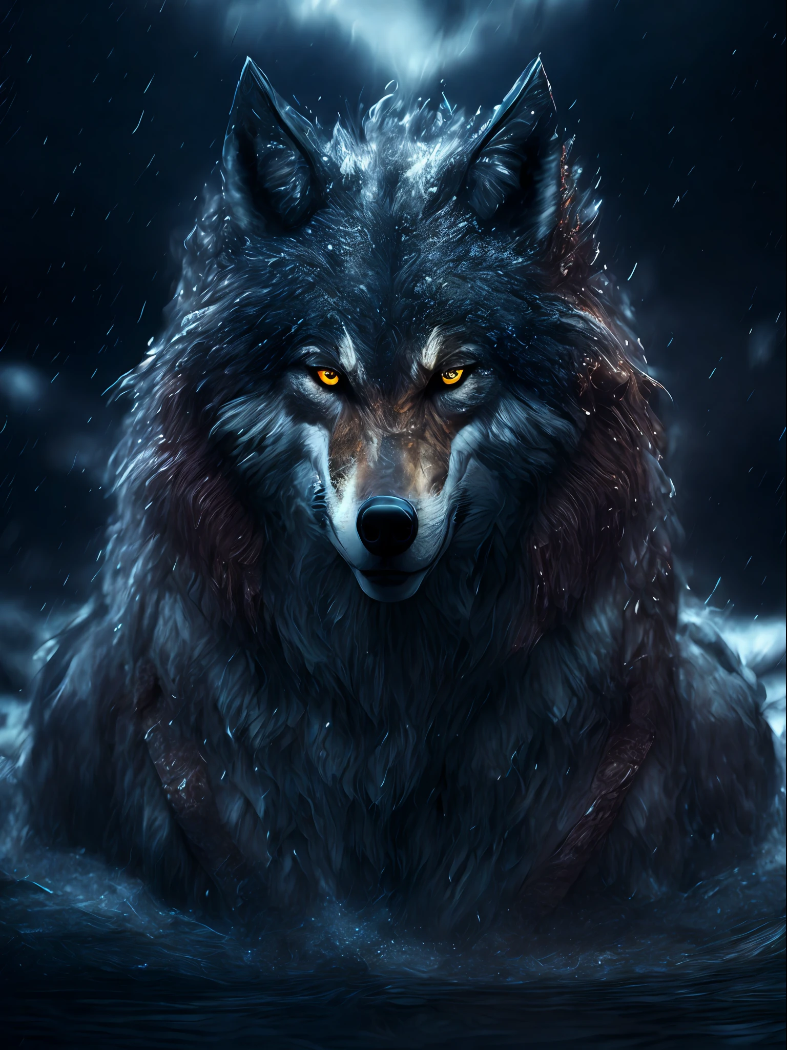 Wolf god, hyper realistic, tension, cold, highly detailed, sharp focus, professional, 8k UHD, cinematic, dark, violent, outdoor, River, battle, chase, dramatic, vivid, nervous vibe, render, epic, twilight, HDR, album cover, blizzard, lightning, cataclysmic
