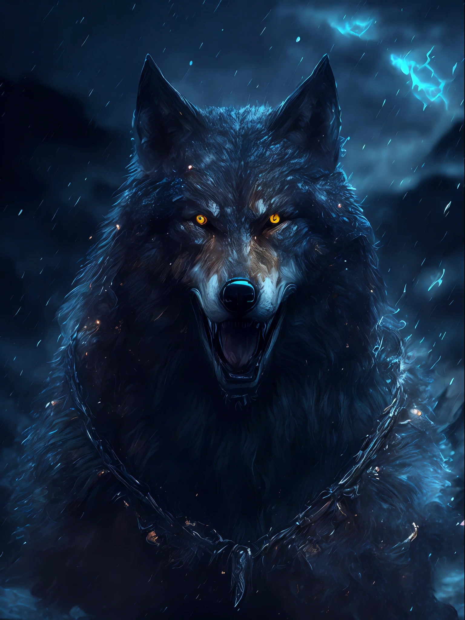Wolf god, hyper realistic, tension, cold, highly detailed, sharp focus, professional, 8k UHD, cinematic, dark, violent, outdoor, River, battle, chase, dramatic, vivid, nervous vibe, render, epic, twilight, HDR, album cover, blizzard, lightning, cataclysmic