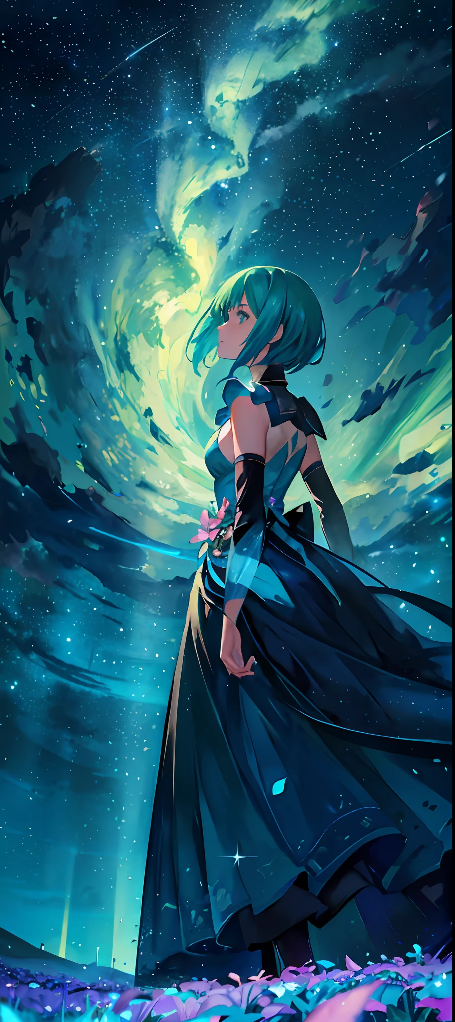 1girl, distant girl, wearing a teal green dress armor, staring at the stars, (zoomed out:1.1), (meteor shower:1.2), (comet:1.1), low angle, from behind, aurora borealis, shooting star, surrounded by flowers petals, standing in a field, best quality, masterpiece, cloud, colorful, starry, stars, teal