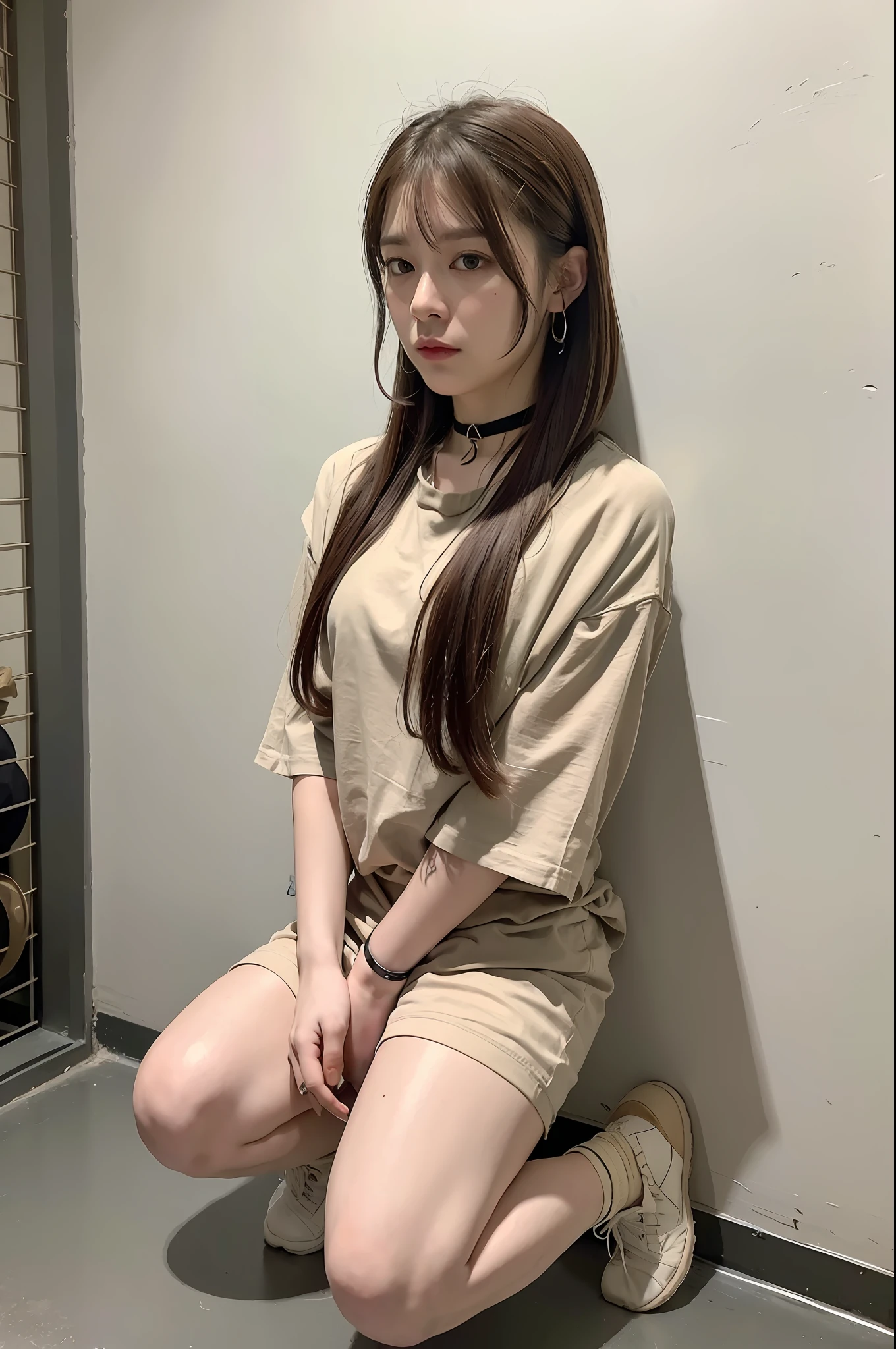 (8k:1.27), best quality, masterpiece, ultra highres:1.2), arrested lesbian goth delinquent girl with arm tattoos, tattooed girl, full body picture, beige oversized knotted prisoner t-shirt with black letters, short big sleeves, beige inmate prison uniform, beige short inmate pants, dyed green hair, dyed blonde hair, short bob hairstyle, high ponytail, hair bangs, kneeling in a prison cell, handcuffed, hands tied with rope behind body, submissive neck choker, dog collar and leash in neck, 4k or 8k picture, looking down sad, paisley bandana ribbon hairband, nose septum piercing, wearing dirty old clothes, smelly, barefoot