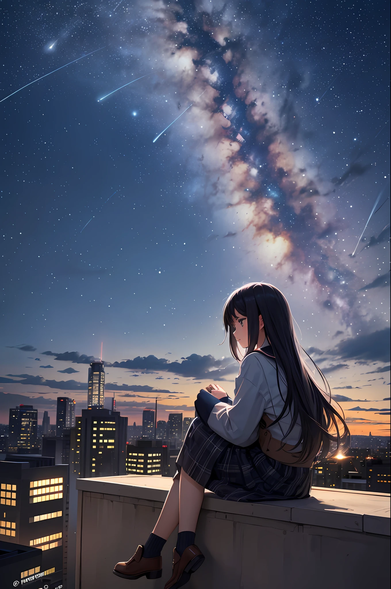 octane, sky, stars (sky), landscape, starry sky, night, , night sky, solo, outdoors, signature, building, clouds, milky way, sitting, tree, long hair, city, silhouette, cityscape, Japan schoolgirlo --s2