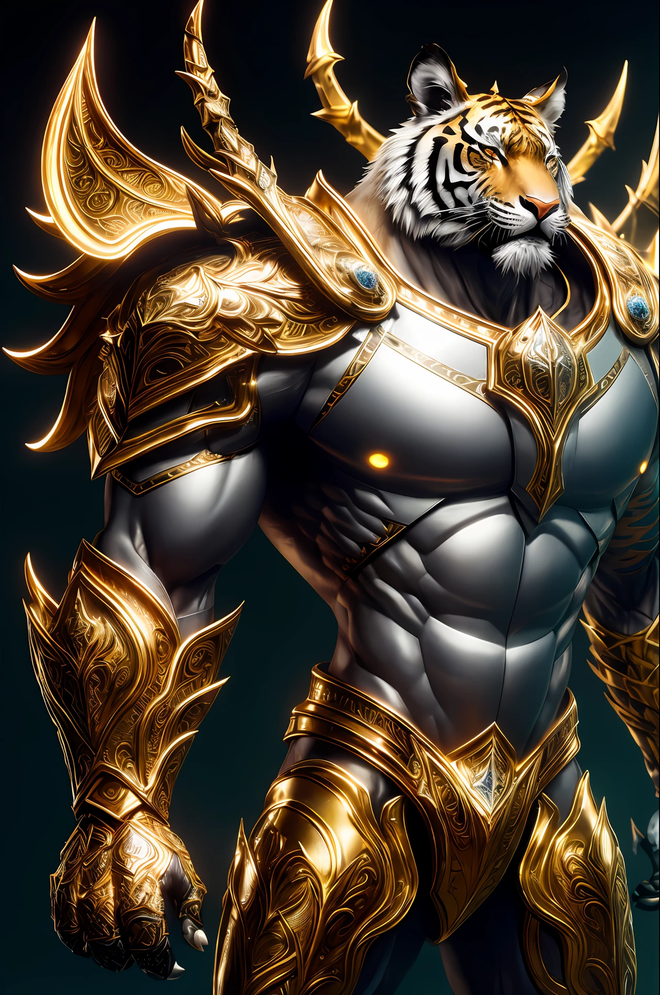 Majestic anthropomorphic tiger knight with muscular body full body image wielded gleaming sword, portrait, armor and crown finely detailed, cinematic lighting, intricate filigree metal design, neon cyberpank 4k, 8k, unreal engine, octane rendering, --air 9:26 --testp --upbeta