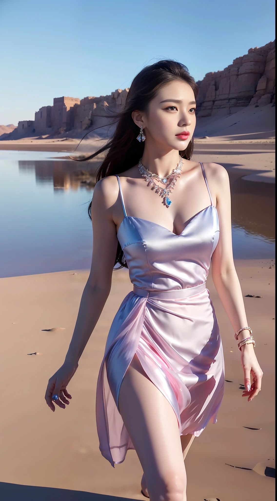 High contrast, (8K wallpapers: 1.3), realistic, octane rendering, realistic, (realistic face: 1.2), sharp focus, (masterpiece), (best quality), (specular illumination: 1.5), face light, (goddess, flowing long hair: 1.3), noble and gorgeous, 1 goddess, standing by the water, reflection, real, slim figure, sky blue and light pink evening dress, crystal necklace, gorgeous fabric, diamond earrings, metal bracelet, atmospheric walking posture, red lip, high heels, White stockings, light effects, sparkling blue sky, desert, (gorgeous:1.2), (elegant:1.1), (confident:1.1)