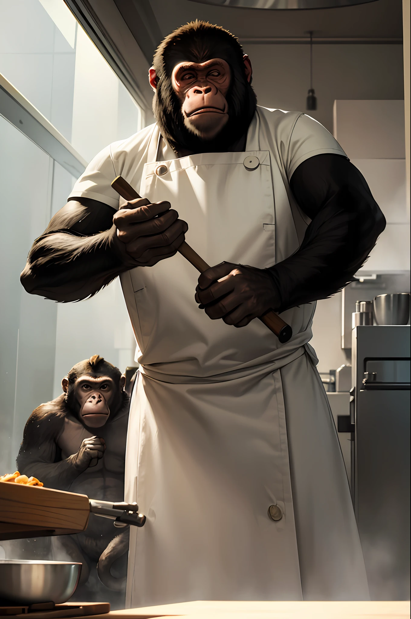 masterpiece, best quality, realistic , thick monkey, chef monkey, gorilla, blur, cable, cooking in the kitchen, cyberpunk, in chef's hat, in white coat, shovel in hand, solo,