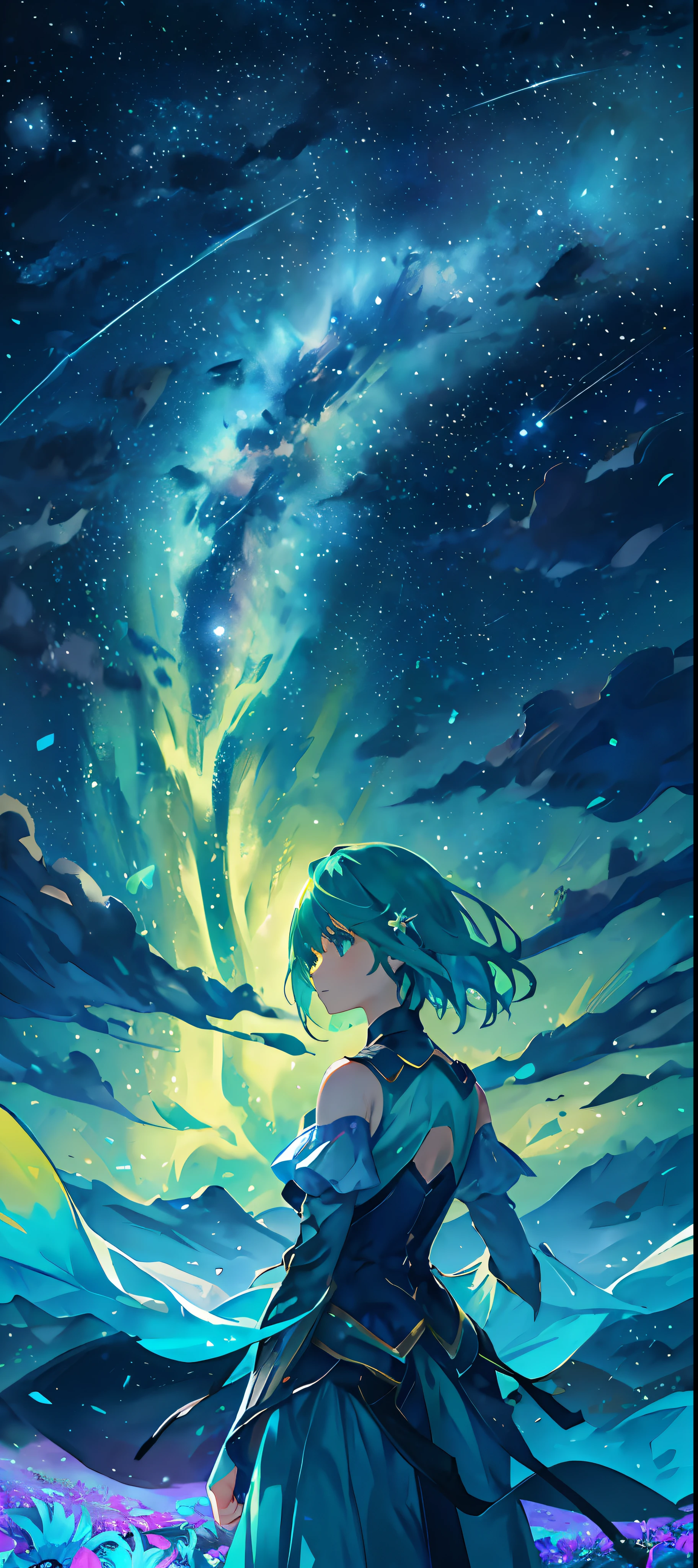 1girl, distant girl, wearing a teal green dress armor, staring at the stars, (zoomed out:1.1), (meteor shower:1.2), (comet:1.1), low angle, from behind, aurora borealis, shooting star, surrounded by flowers petals, standing in a field, best quality, masterpiece, cloud, colorful, starry, stars, teal