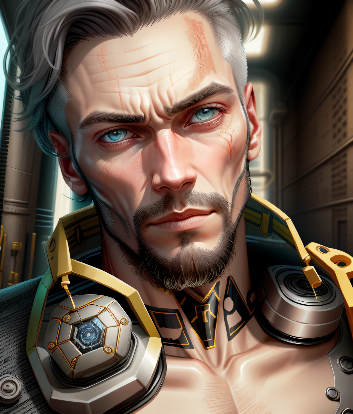 A cybernetic man in the range of 27 years old, muscular stereotype, with cowboy hat (mechanical parts: 1.5), fighting, bright eyes, short hair, tight supersuit torn, in a destroyed city, smoke and fire, aura of brilliant power, dynamic pose, dynamic vision, hyper detailed, 8k quality, with tattoo on the arm, mechanical roman watch on the chest, merge images,  hyper realism. Enjoy original photo base, mechanical and human bust. With gray goatee and gray hair.