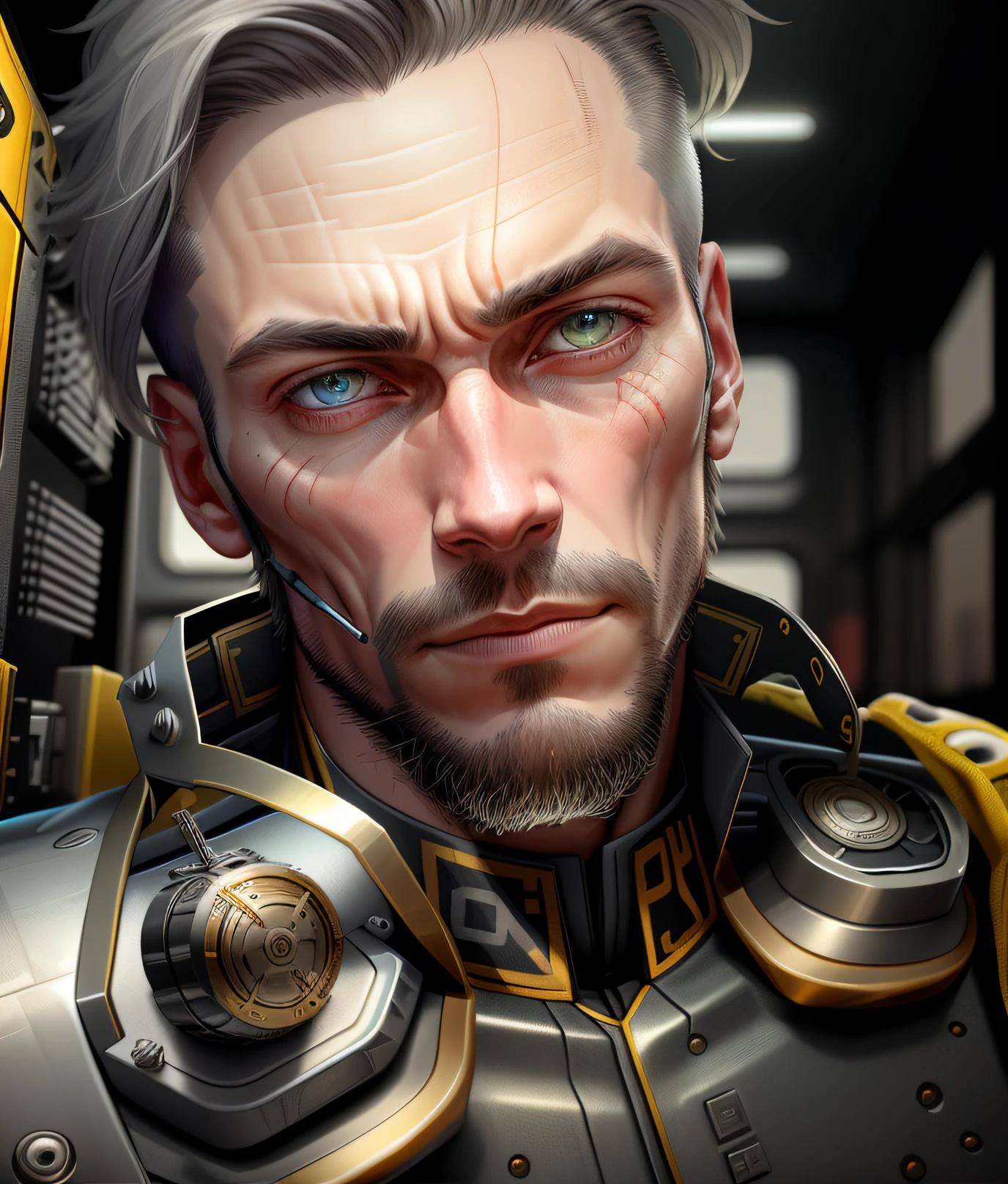 A cybernetic man in the range of 27 years old, muscular stereotype, with cowboy hat (mechanical parts: 1.5), fighting, bright eyes, short hair, tight supersuit torn, in a destroyed city, smoke and fire, aura of brilliant power, dynamic pose, dynamic vision, hyper detailed, 8k quality, with tattoo on the arm, mechanical roman watch on the chest, merge images, hyper realism. Enjoy original photo base, mechanical and human bust. With gray goatee and gray hair.
