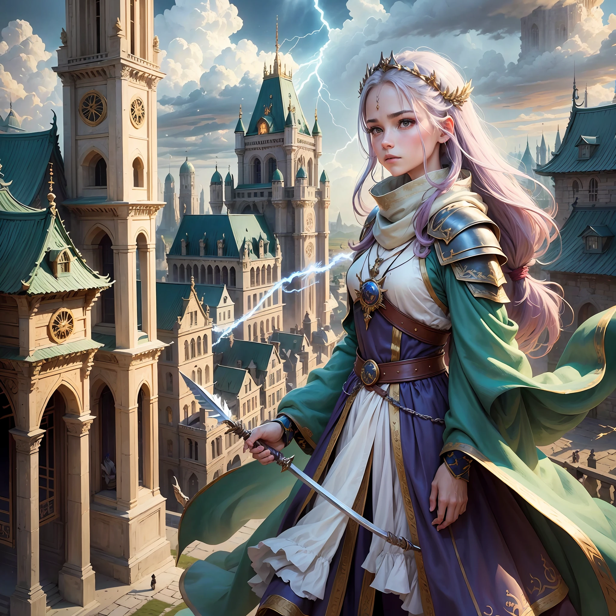 Step 1 - Scene: This is a magical scene with multiple characters in it. The scene features magnificent epic cinematic style buildings and landscapes, including towers, city walls, bridges, meadows, and lakes. There are mysterious clouds and lightning in the sky, as well as the flow and flickering of magical energy.
Step 2 - Labels (relational, noun, verb):
Characters: Many people, male, female, elderly, young
Clothing: magical decorations, ancient costumes, armor, robes, cloaks, boots
Architecture: walls, towers, bridges, palaces, shrines, meadows, lakes
Sky: Clouds, lightning, magical energy
Items: magic staffs, swords, bows and arrows, shields, magic crystals, books
Actions: casting, fighting, running, jumping, flying, resting, talking, thinking, observing
Step 3 - tag:
Characters: Multiple characters, male, female, elderly, young
Clothing: magical decoration, ancient attire, armor, --auto --s2