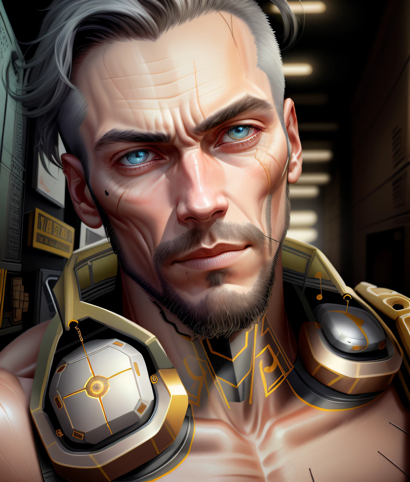 A cybernetic man in the range of 27 years old, muscular stereotype, with cowboy hat (mechanical parts: 1.5), fighting, bright eyes, short hair, tight supersuit torn, in a destroyed city, smoke and fire, aura of brilliant power, dynamic pose, dynamic vision, hyper detailed, 8k quality, with tattoo on the arm, mechanical roman watch on the chest, merge images, hyper realism. Enjoy original photo base, mechanical and human bust. With gray goatee and gray hair.