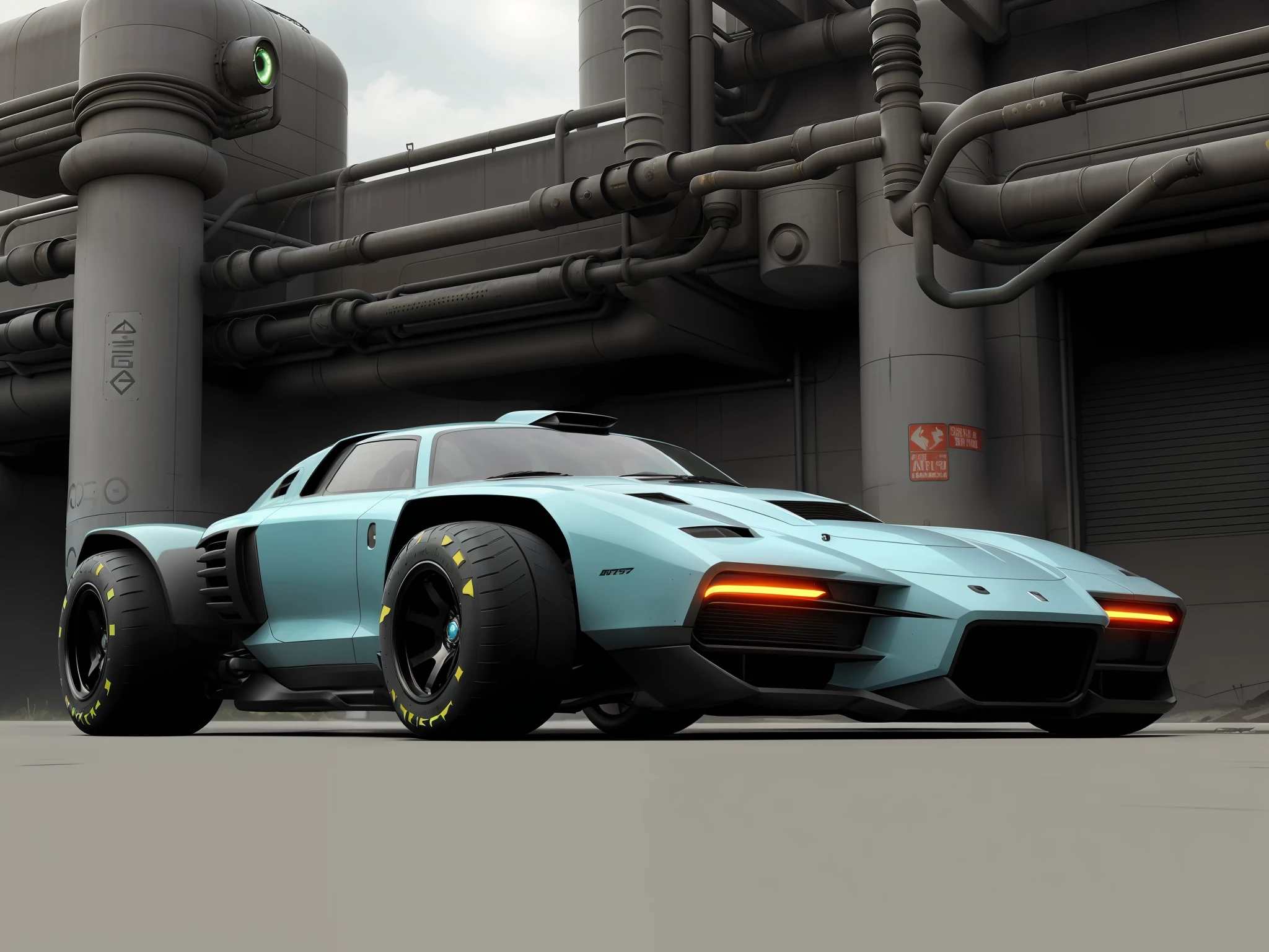 a 3/4 front view of ((futuristic cyberpunk hotrod zeekars)) (with glowing tires), at the parking lot, centered